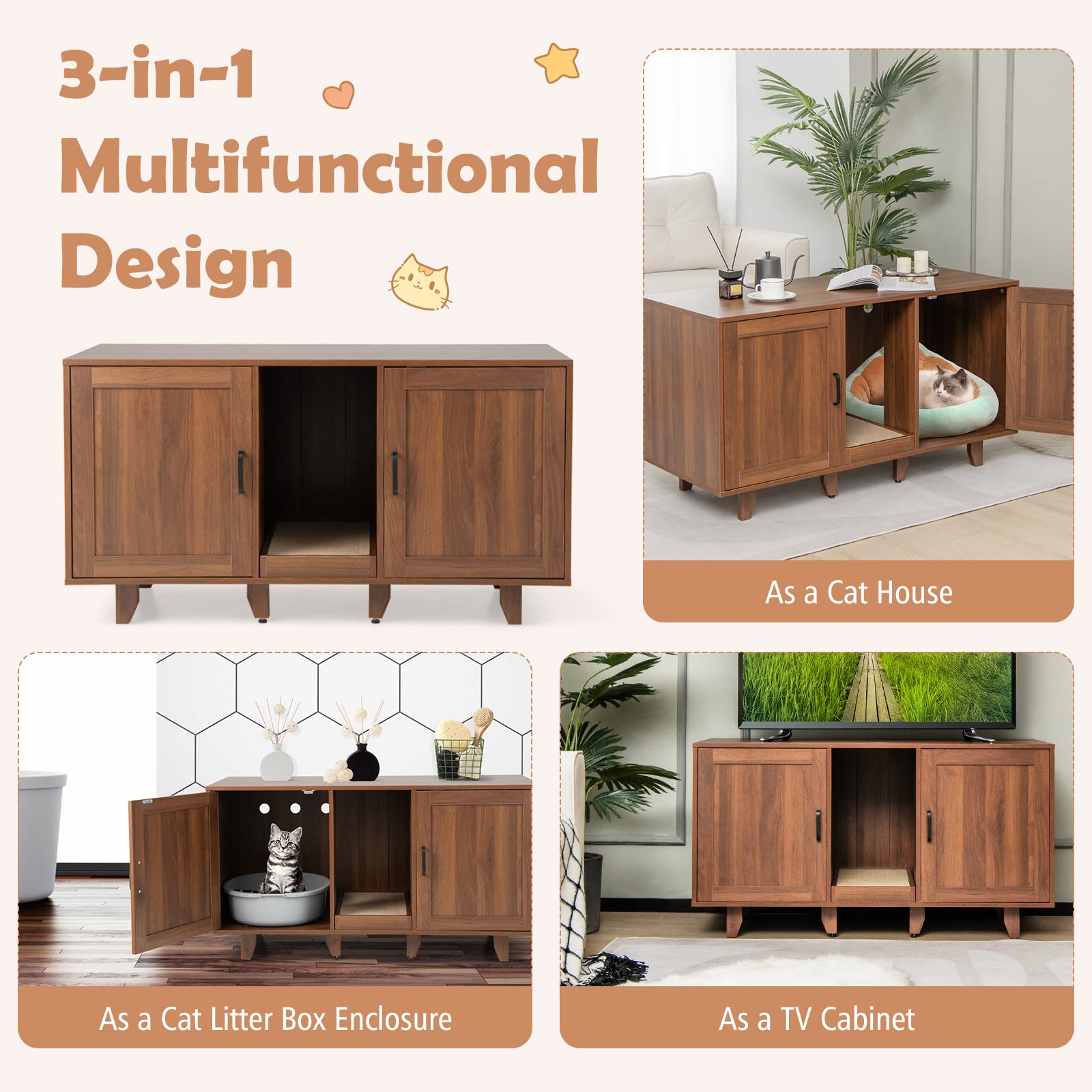 Petsite Cat Litter Box Enclosure Furniture For 2 Cats, Large Litter Box Cabinet With Scratching Board, And Adjustable Foot Pads, Indoor Cat House Tv Stand Side Table, Double Hidden Litter Box