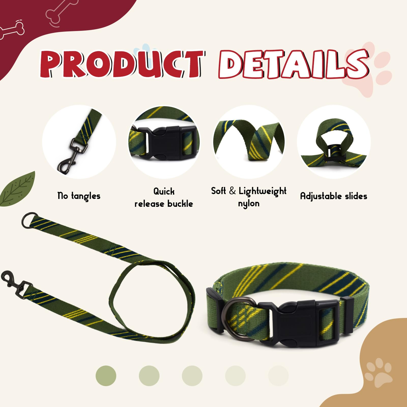 Green Yellow Dog Collar And Leash Set For Large Dog, Breathable, Anti-Odor & Soft, Comfortable For Sensitive Skin Puppies, 90% B