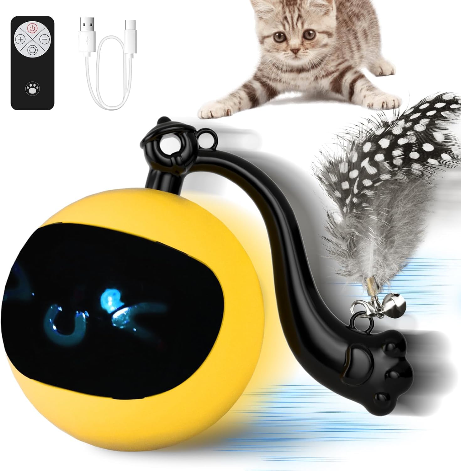 snoslme Interactive Cat Ball Toy with Remote Control, Automatic Moving Cat Toys Ball with Feather Tail, Electric Puzzle Toy for 