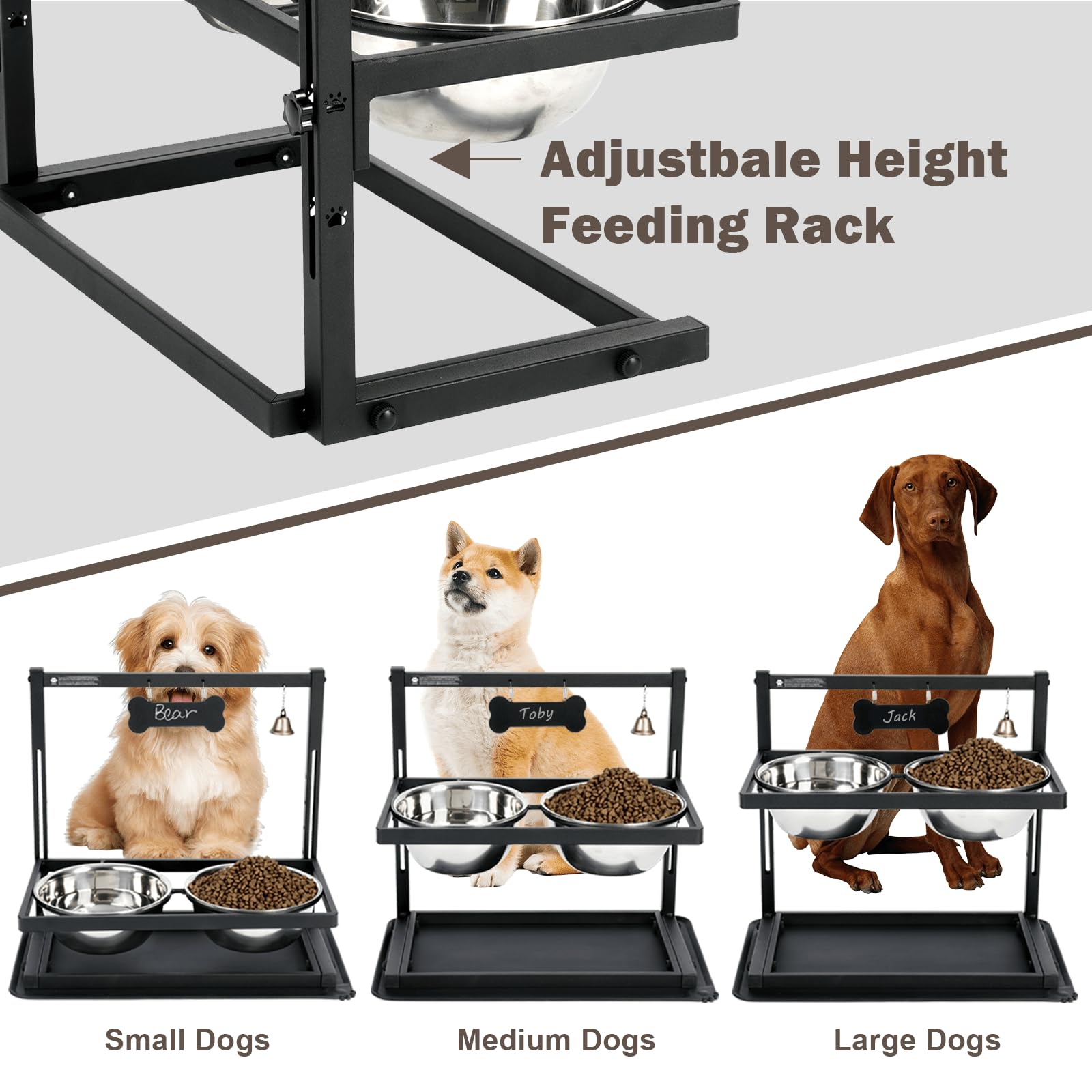 Elevated Slow Feeder Bowls For Large Dogs - Adjustable Height, 2 Stainless Steel Bowls, Spill-Proof Mat - Great For Medium Dogs
