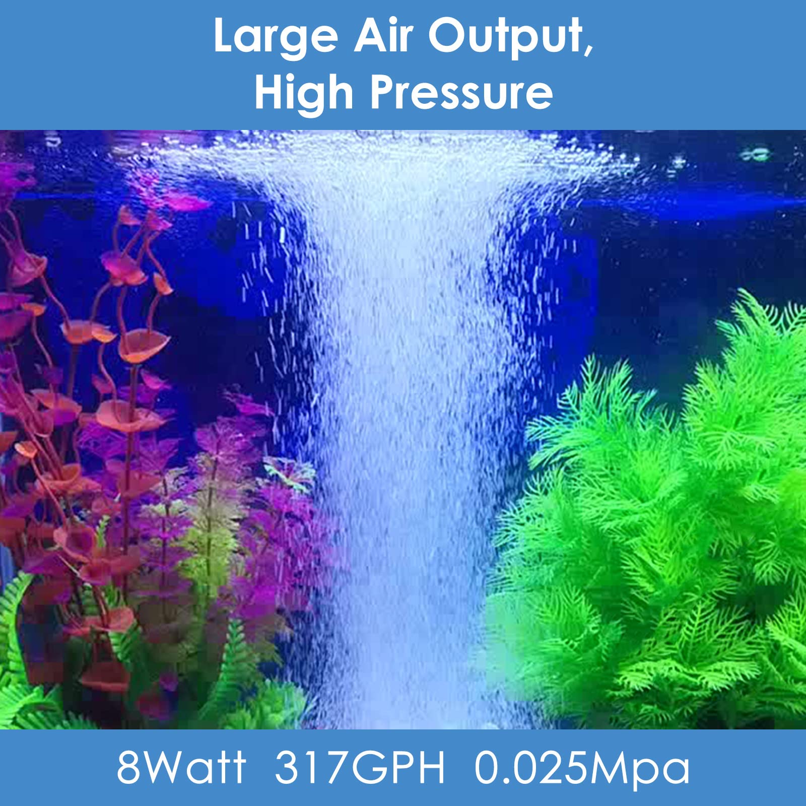 AquaMiracle Quiet High Pressure Air Pump 317GPH 0.025MPa 8W for Aquarium, Pond, Hydroponics - Commercial Aerator Bubbler Oxygen