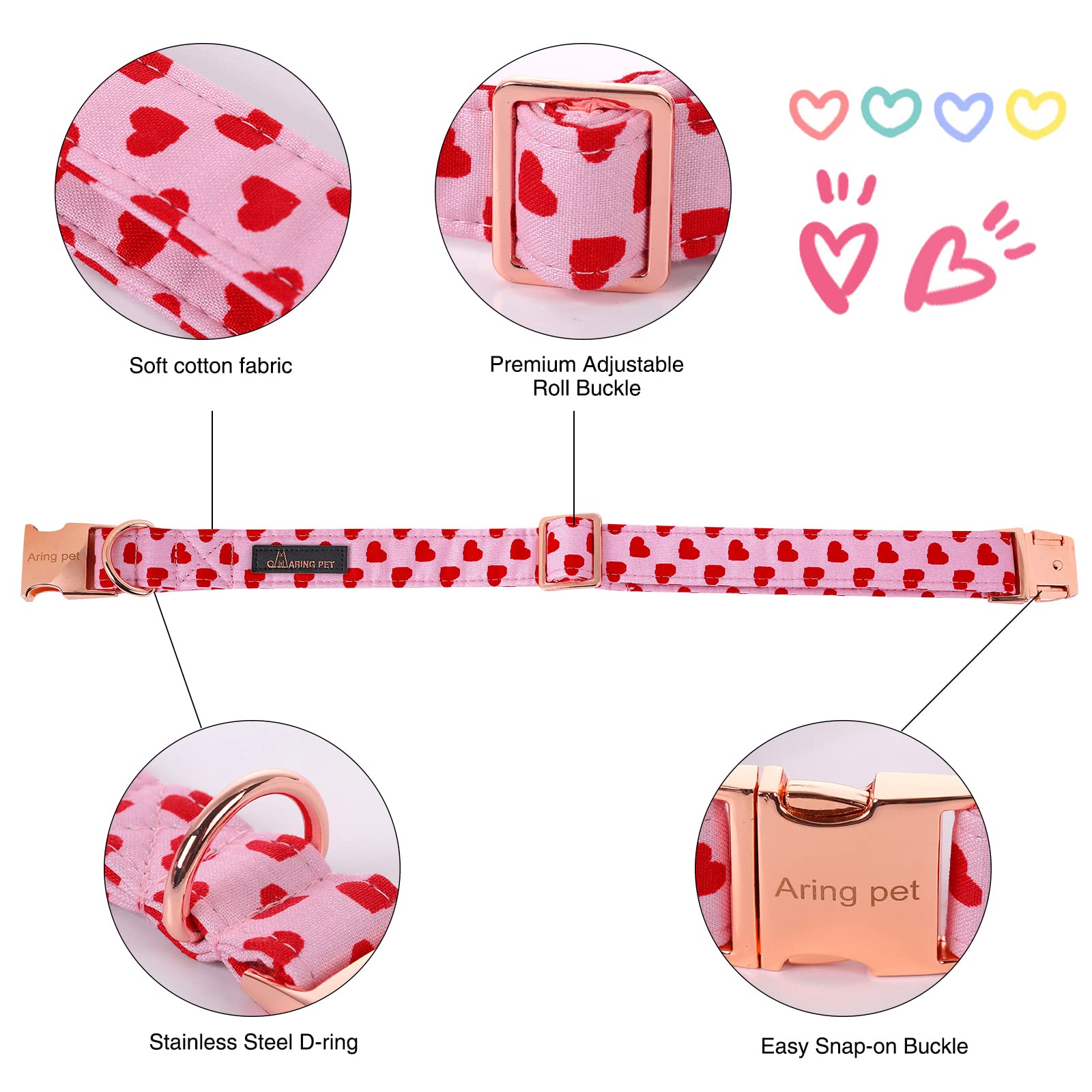 Aring Pet Valentine'S Day Dog Collar-Adorable Pink Heart Dog Collar With Flower, Adjustable Cotton Girl Dog Collars With Metal B