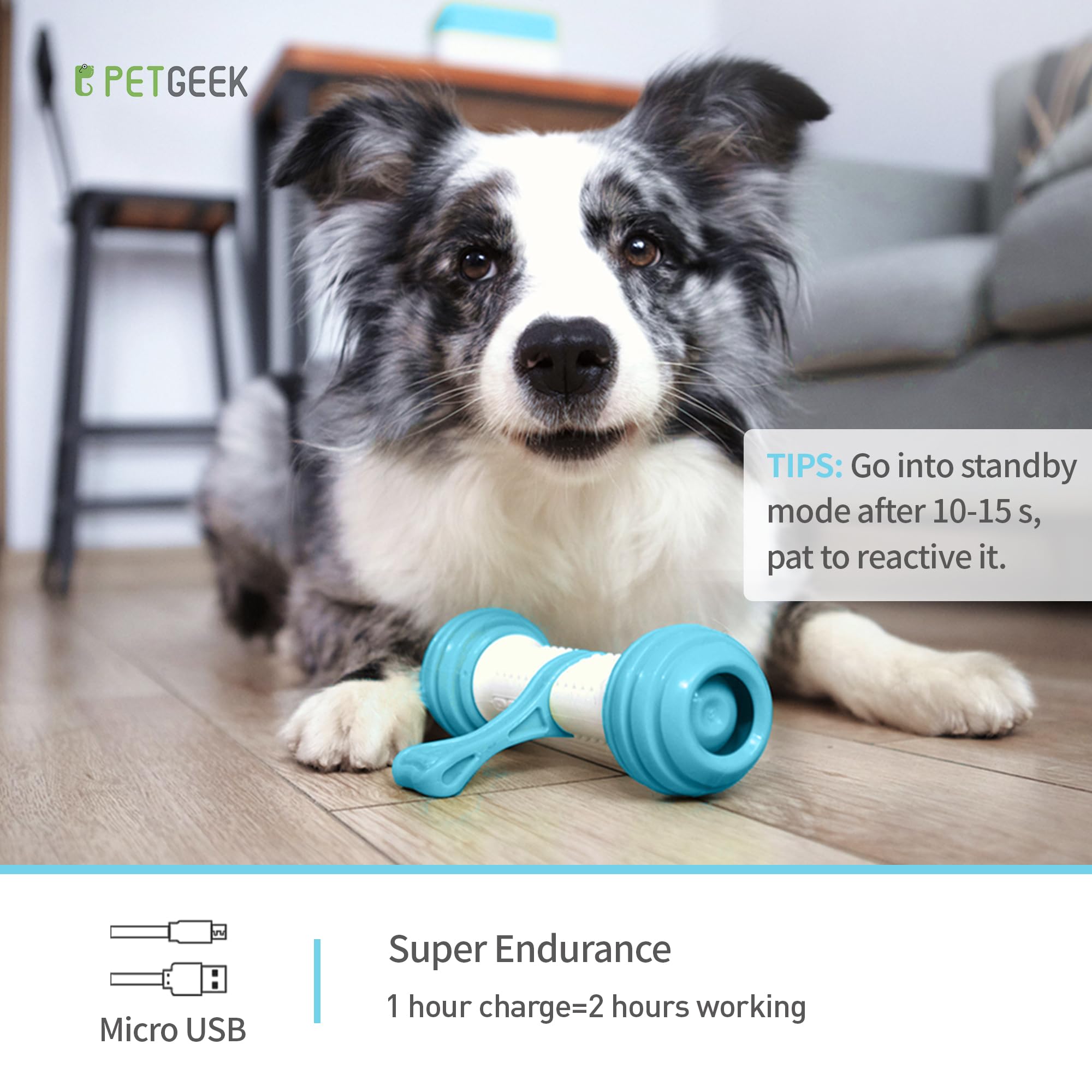PETGEEK Interactive Dog Toy - Motion Activated USB Rechargeable Dog Bone for Medium Large Dogs - Blue Automatic Toy for Boredom Relief