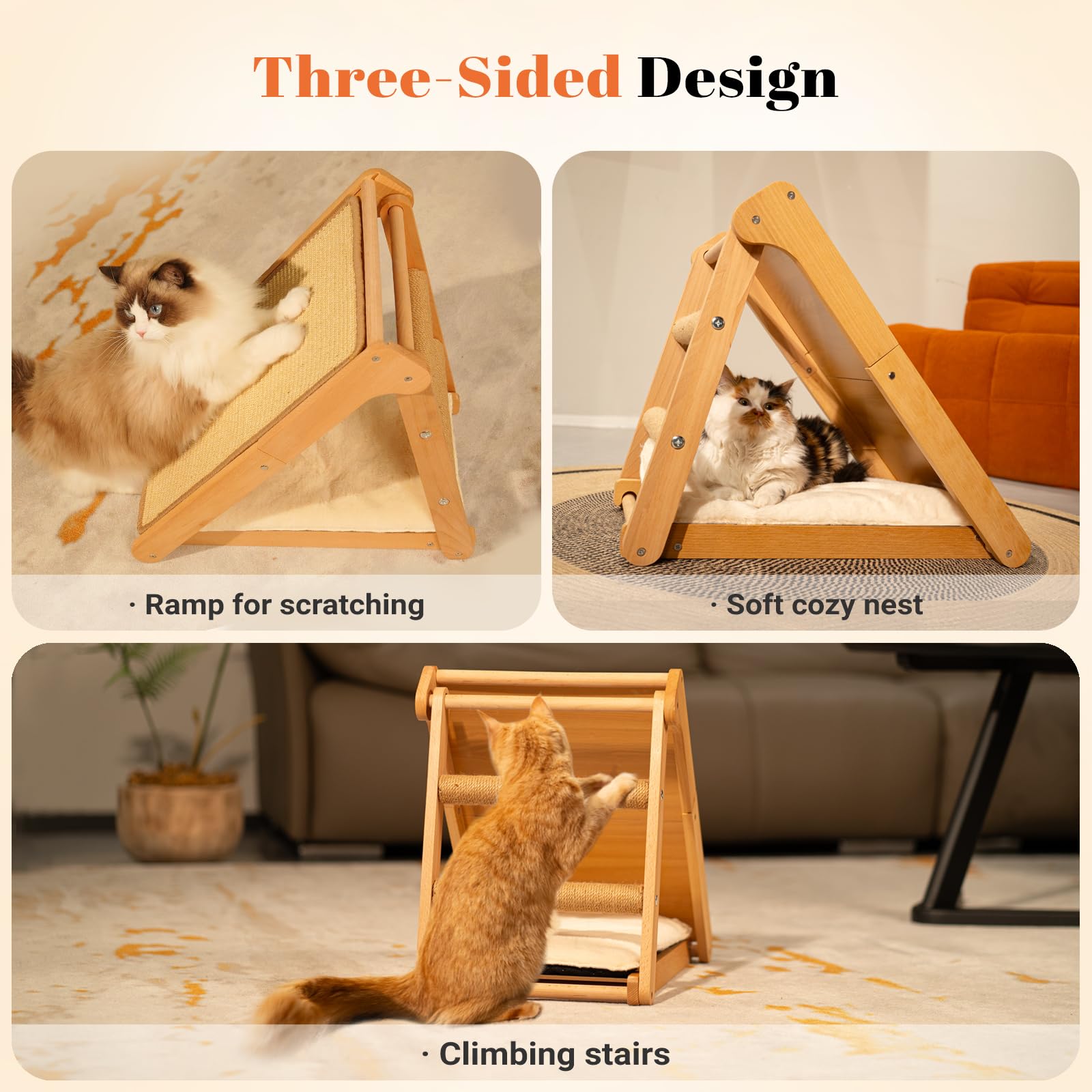 Cheerhome Pets Sisal Cat Scratcher Ramp With Cushion, 20'' X 14.1'' Large Foldable Scratch Board Cats Scratching Post, Wooden Ca