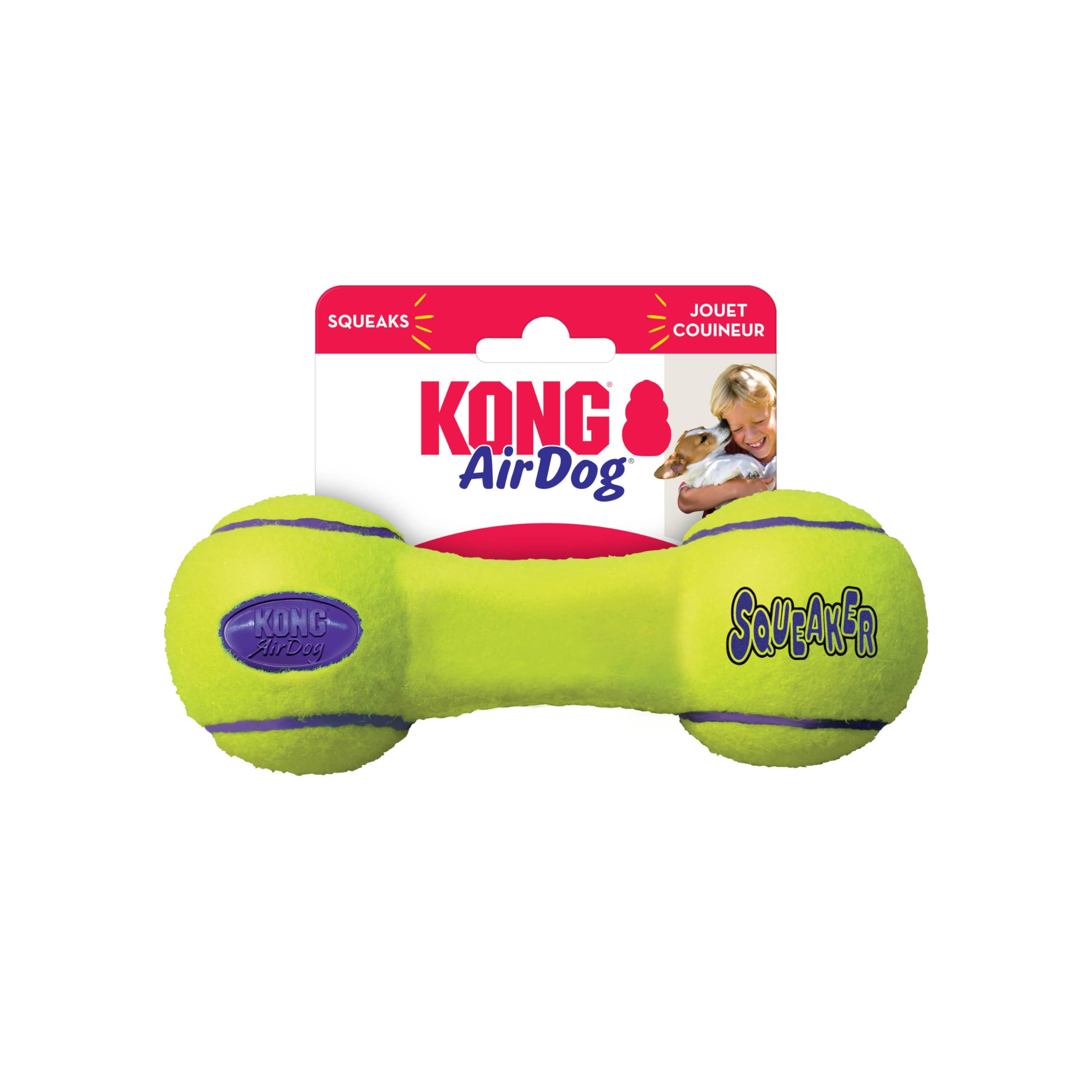 Kong - Airdog® Squeaker Dumbbell - Squeaky Bounce And Fetch Toy, Tennis Ball Material - For Medium Dogs