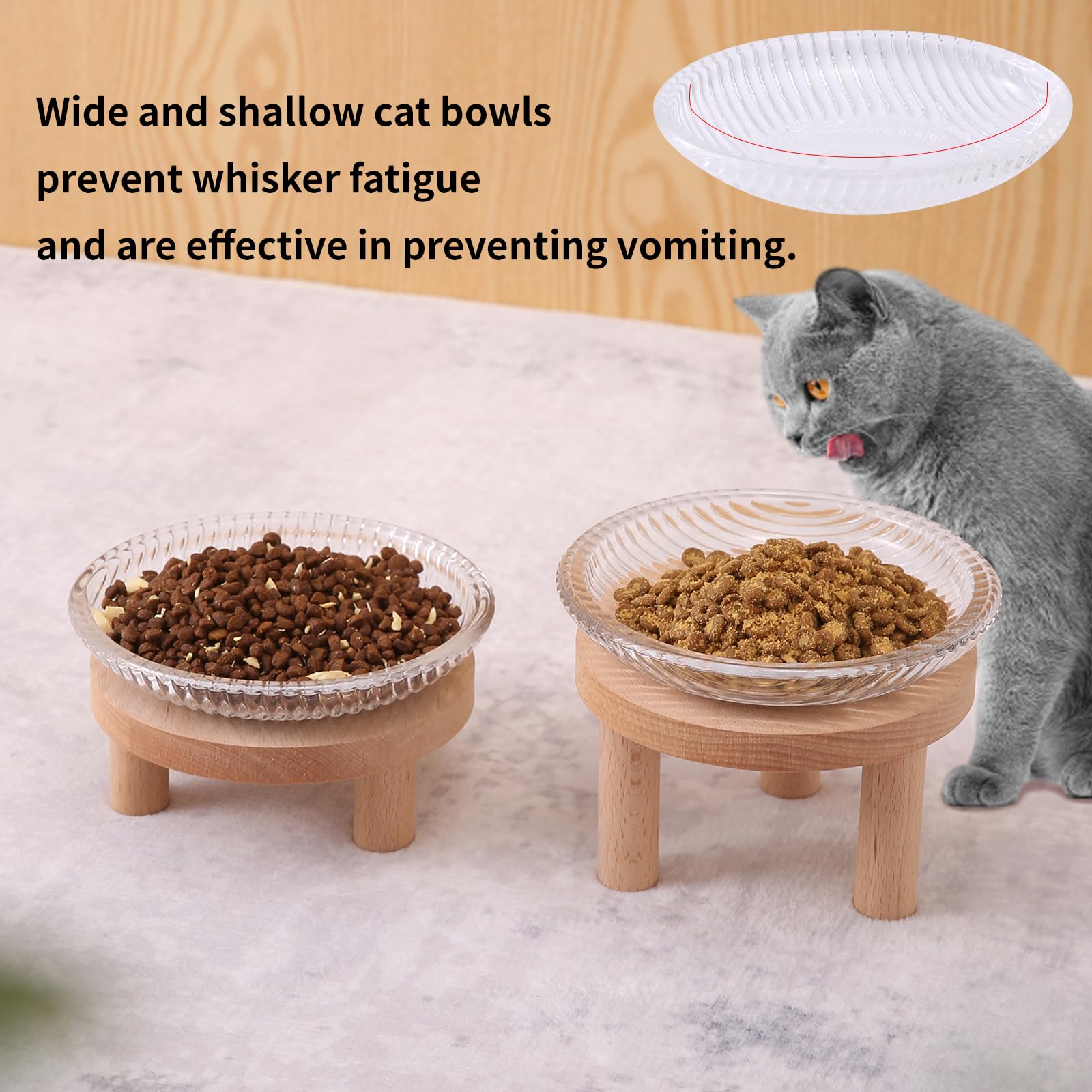 Raised Whisker Fatigue Cat Bowl. Glass Cat Bowls Elevated With Wooden Legs In 2 Heights. Protect The Spine And Prevent Vomiting.
