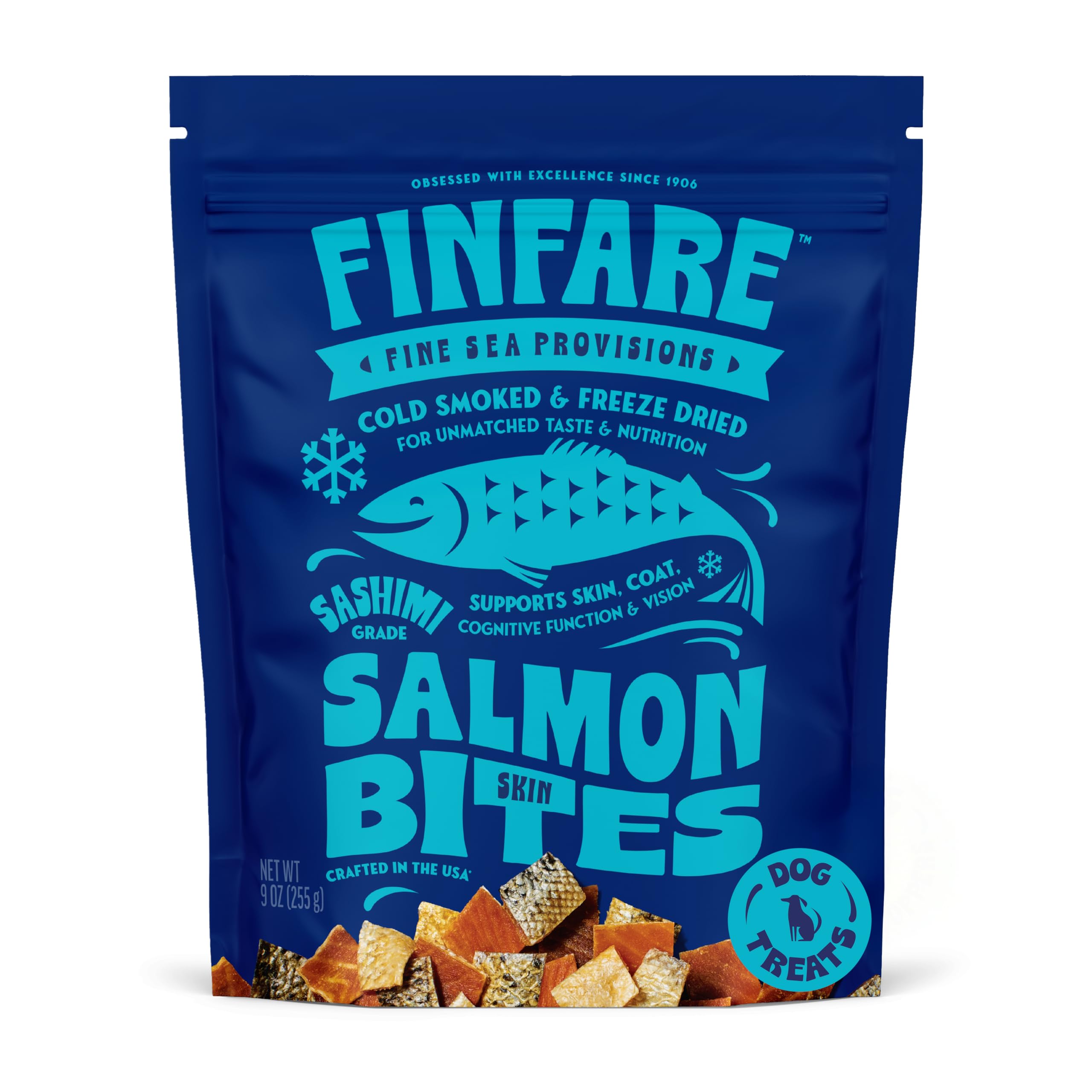 Finfare Freeze Dried Dog Treats, Salmon Skin Bites, Protein & Omega-3s, Grain Free Salmon Dog Training Treats, Crafted in USA, 9