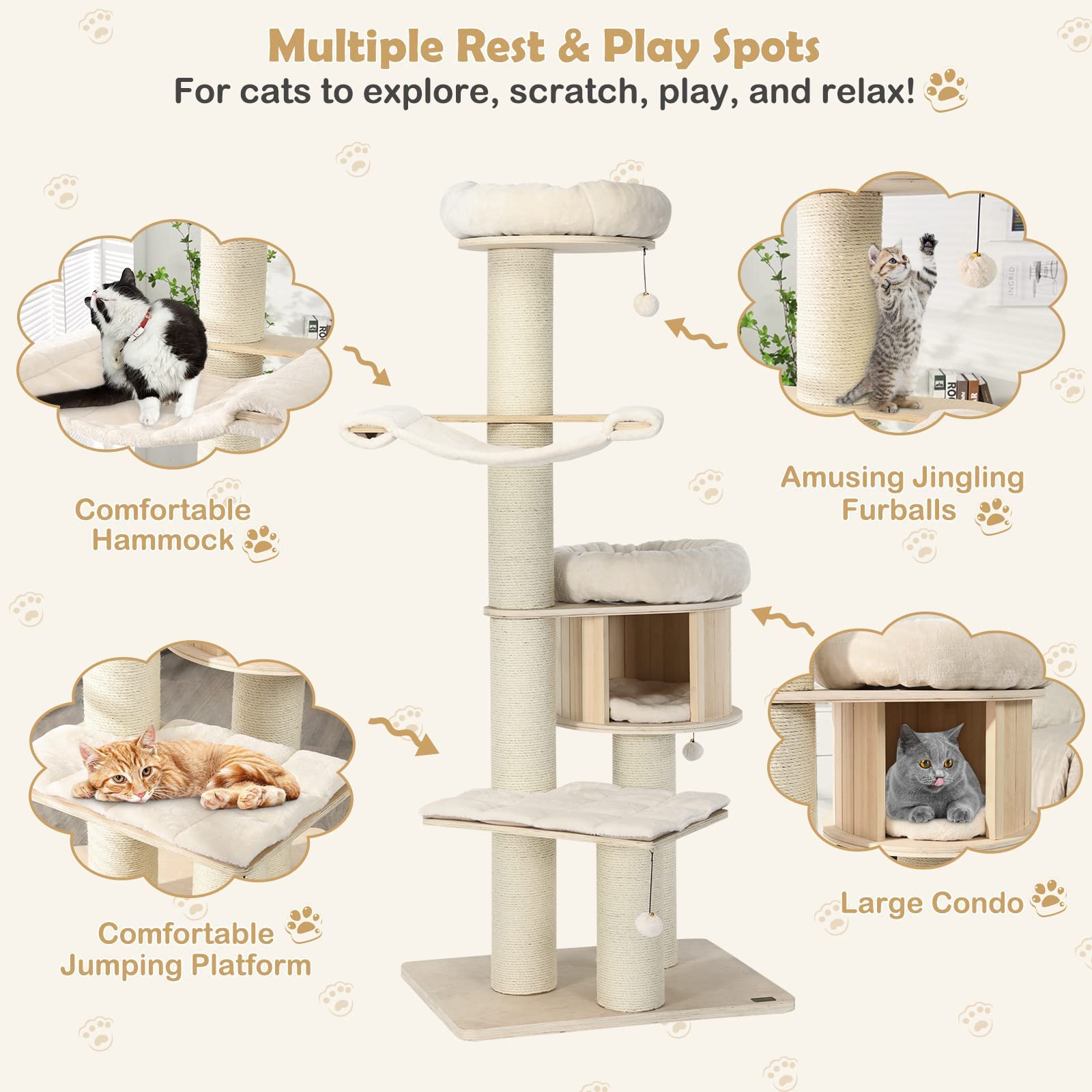 Tangkula Modern Cat Tree, Multi-Level Large Cat Tower W/Cat Condo, Hammocks & Hanging Basket, Tall Cat Tree W/Sisal Posts, Washable Cushions, Wood Cat Trees And Towers For Indoor Large Cats