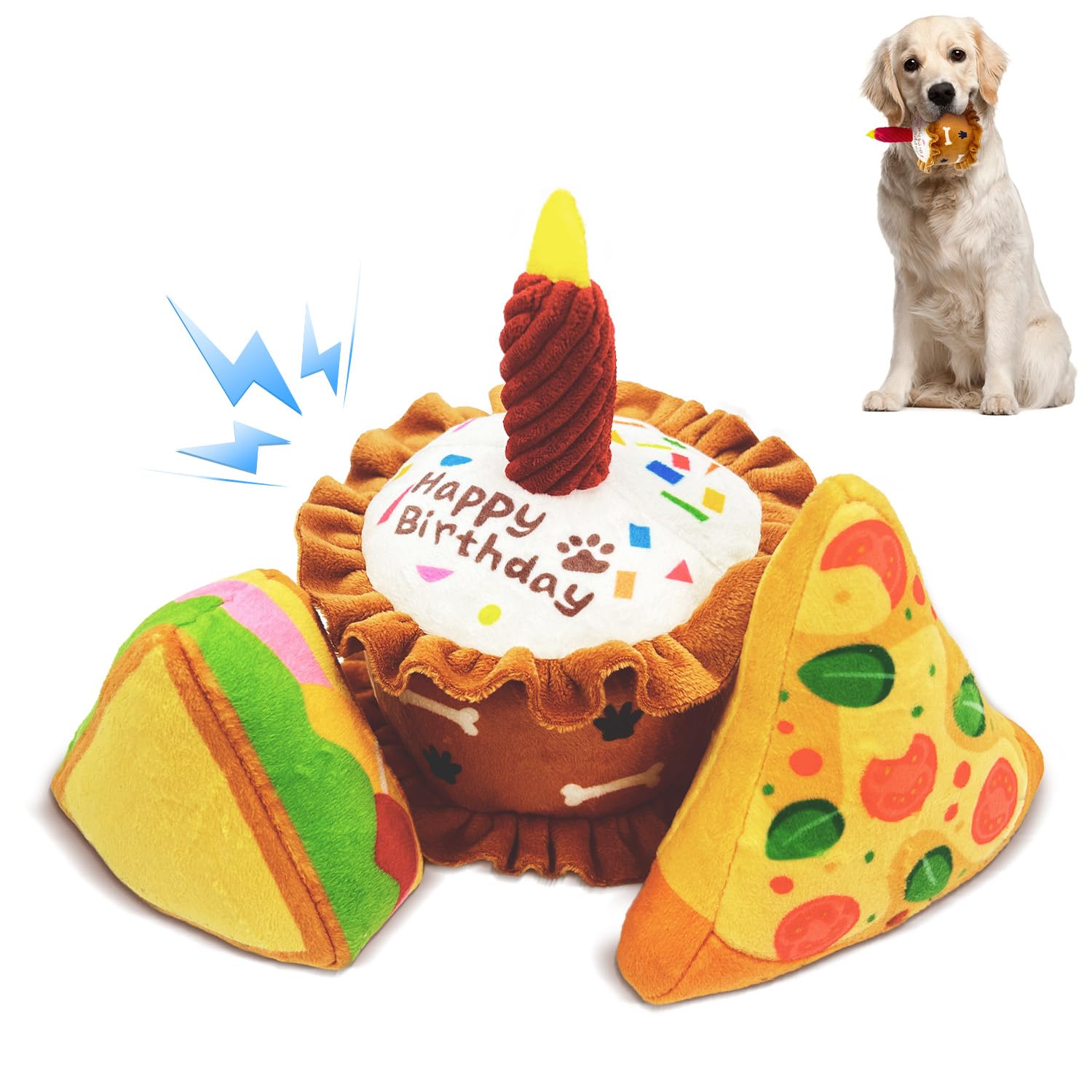 Cneeeeeb Birthday Squeaky Crinkly Cake Aggressive Chew For Pups Sandwiches Pizza Party Dog Toy Colorful Playset To Keep Your Fur
