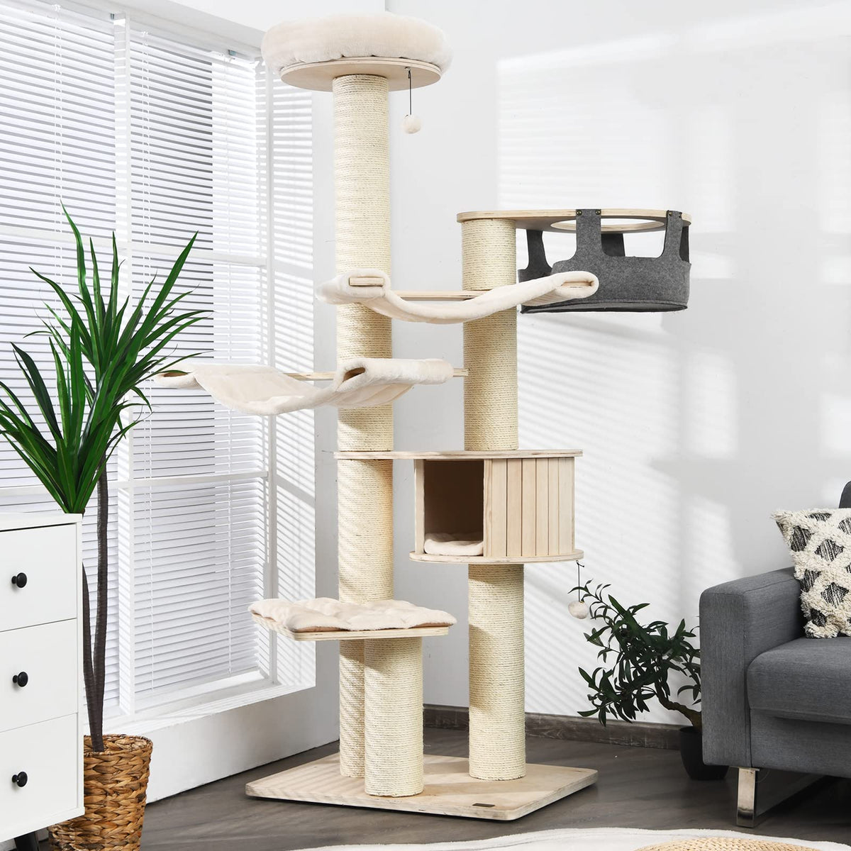Tangkula Large Cat Tree, Multi-Level Tall Cat Tower With Sisal Scratching Posts, Hammocks, Hanging Basket, Cat Condo And Removab