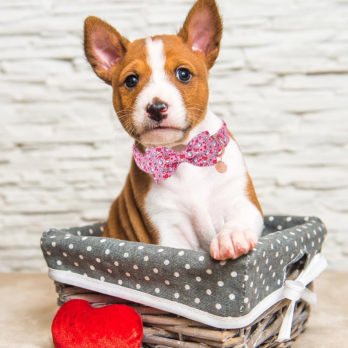 Dogwong Valentine Dog Collar With Bow, Pink Heart, Cotton, Xs, Unisex, Everyday Wear, Special Occasions