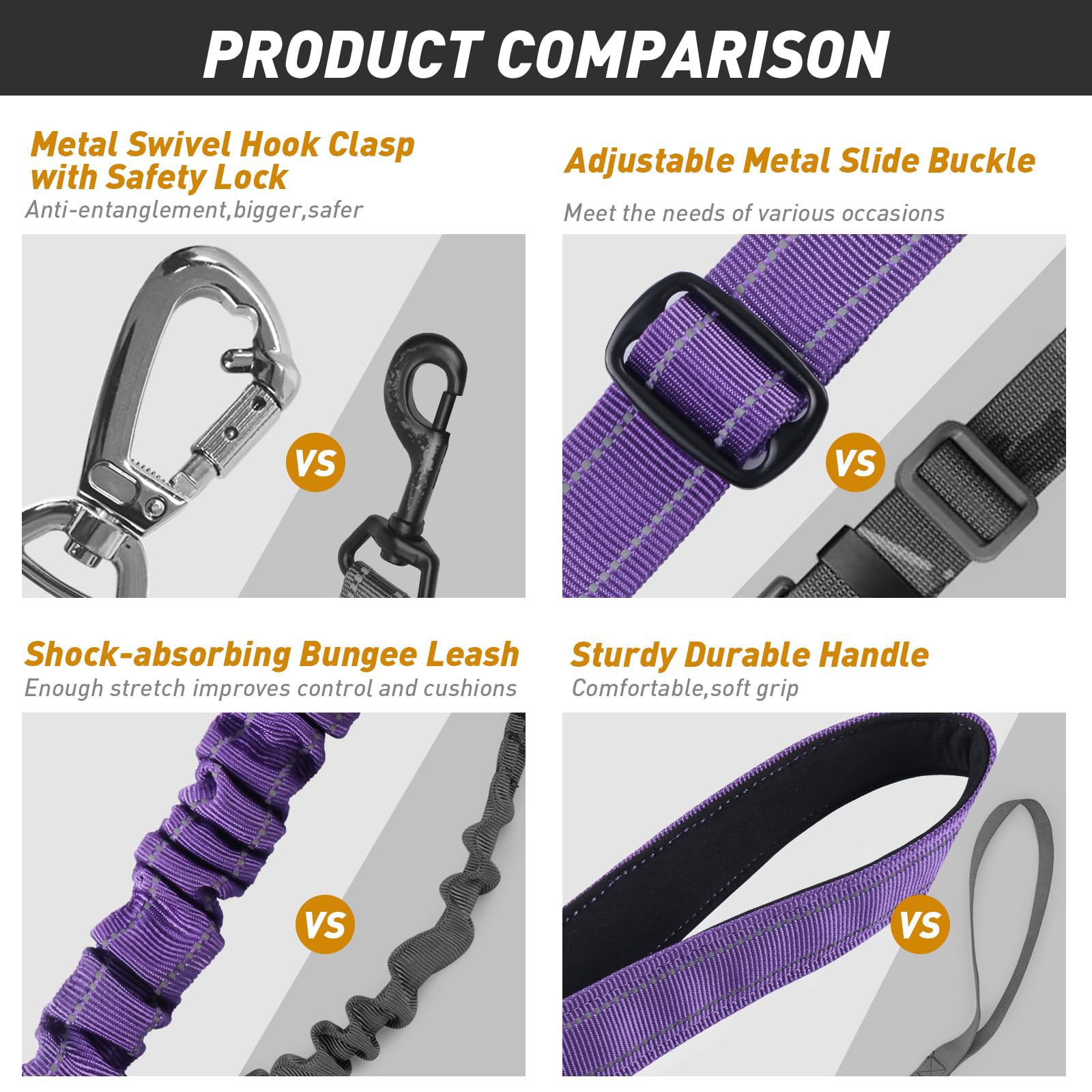 AUBELL Tactical Dog Leash Heavy Duty,4-6ft Reflective Strong No Pull Bungee Leash for Medium Large Dogs with Comfortable Padded
