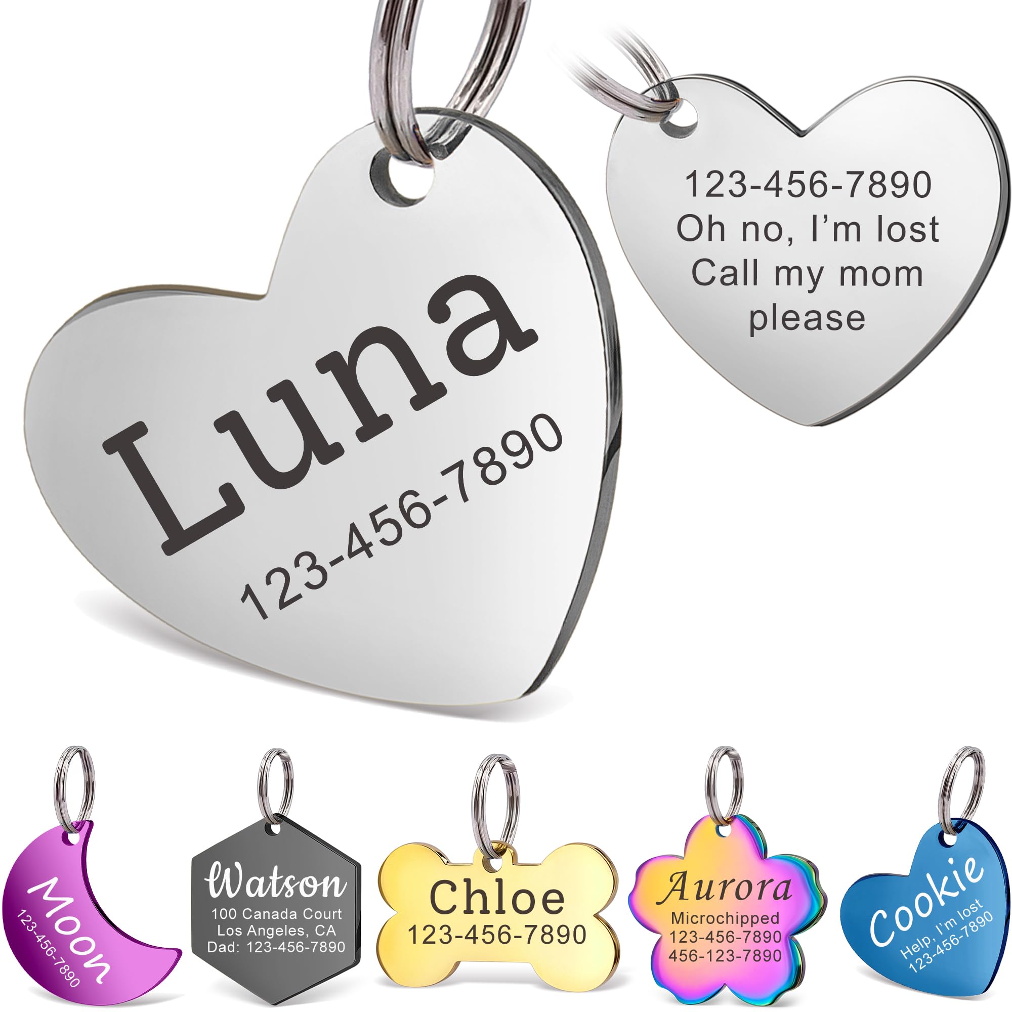 Anavia Personalized Pet Id Tags, Stainless Steel Glossy Laser Engraved Dog Cat Collar Name Tags, Multiple Colors Shapes Sizes (T
