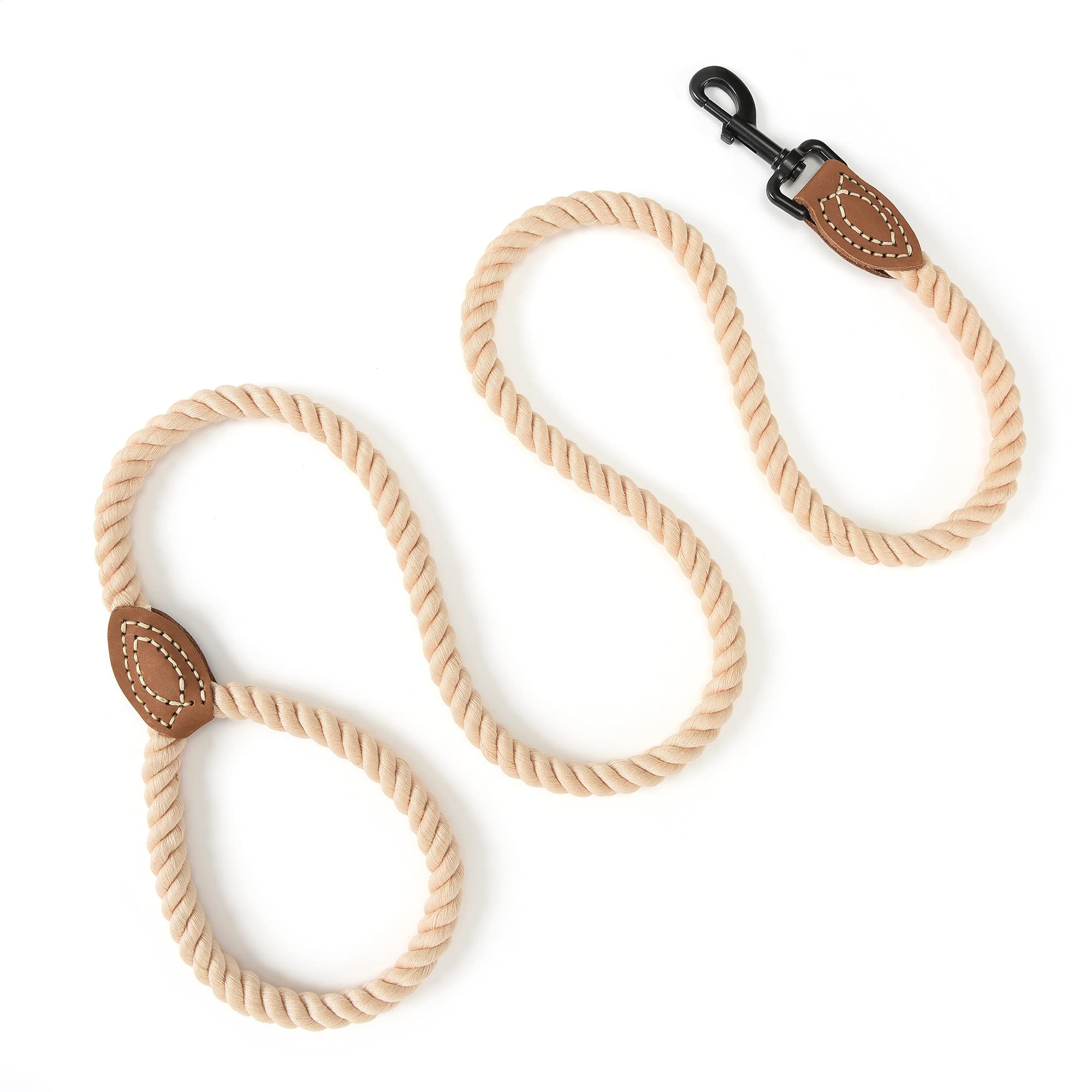 Mile High Life Braided Cotton Rope Leash With Leather Tailor Handle And Heavy Duty Metal Sturdy Clasp (Light Brown, 60 Inch (Pack Of 1))