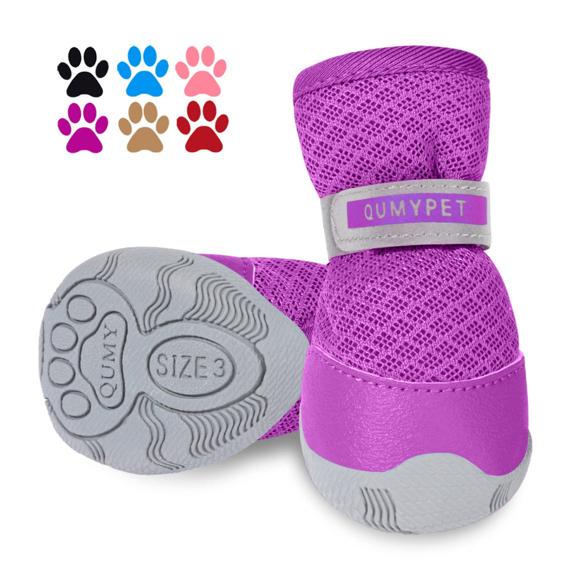 Qumy 2Pcs Small Dog Shoes For Hot Pavement Summer Puppy Dog Booties With Reflective Strip Soft Comfortable Anti-Slip Rubber Sole Purple Size 4