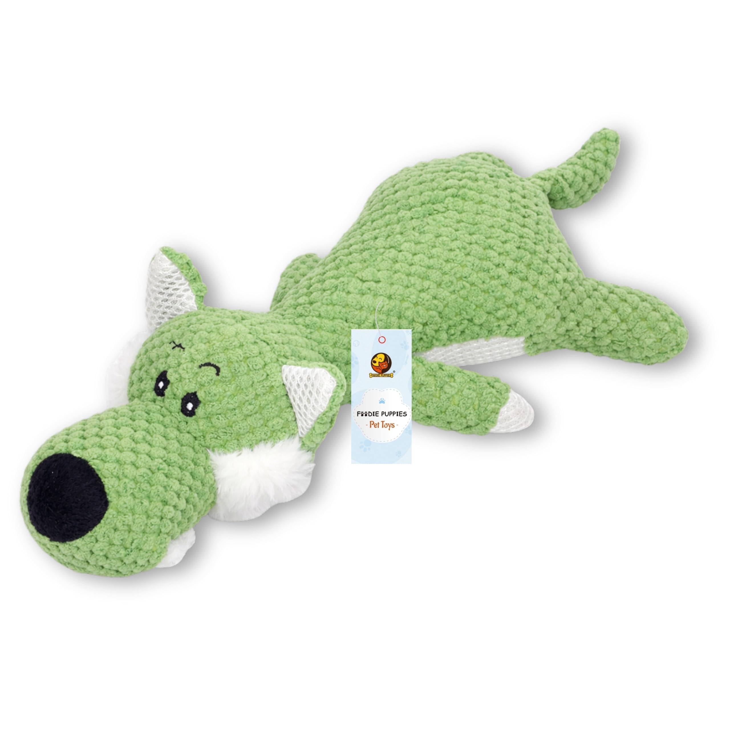 Foodie Puppies Interactive Dog Squeaky Plush Toy (Green Wolf) | Crinkle Paper, CottonStuffed, Chew Toy For Teething, Cuddling, 