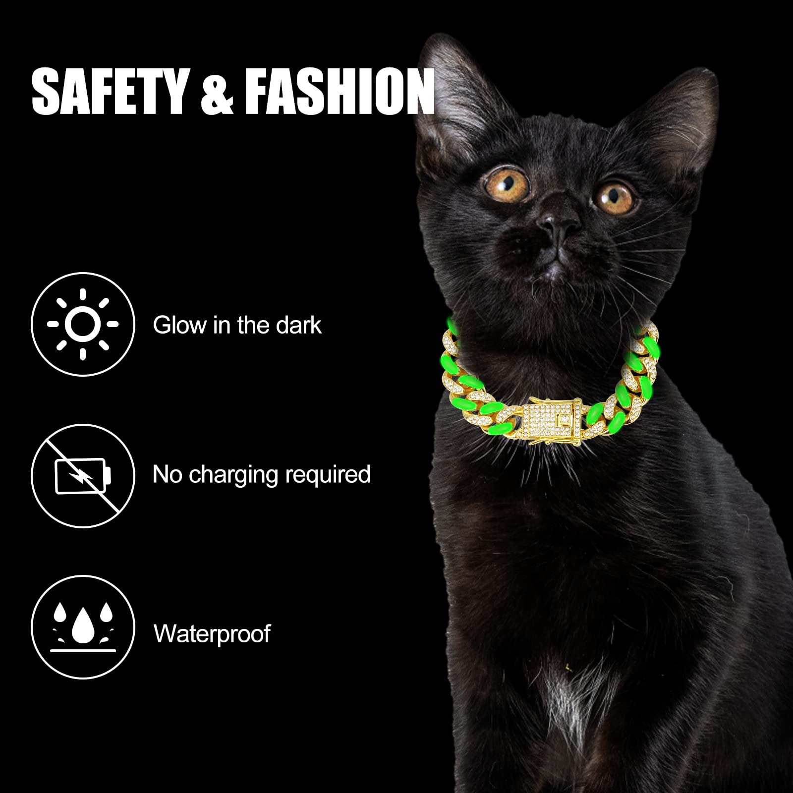 Wimupath Silver-Plated Green Diamond Dog Collar - Cuban Style Metal Chain With Secure Buckle, Luxury Durable Collar For Small/Me