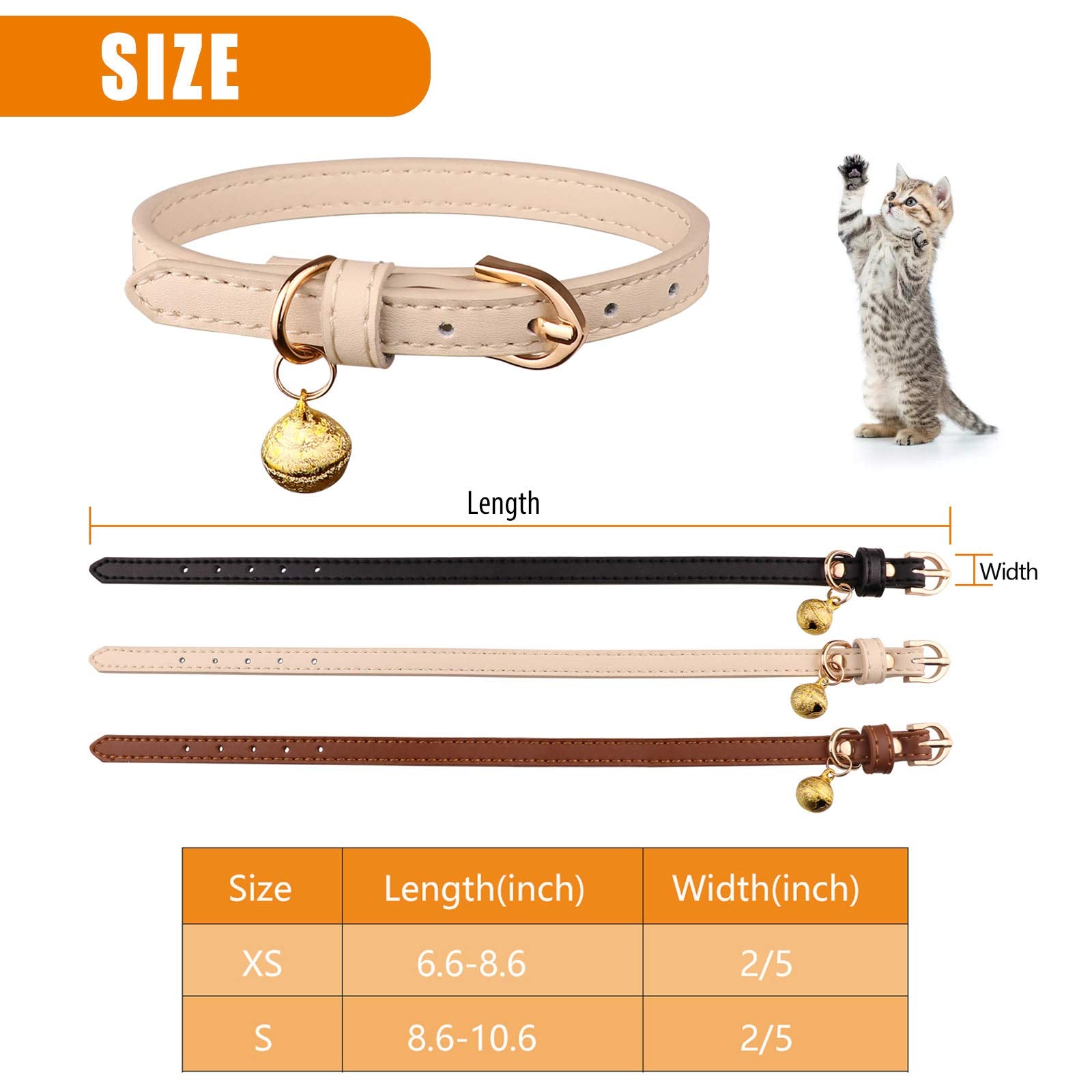 Jamktepat 3 Pack Leather Cat Collars With Bells Soft Pet Safety Collar Kitten Collars With Bell Black Chocolate Beige(S)
