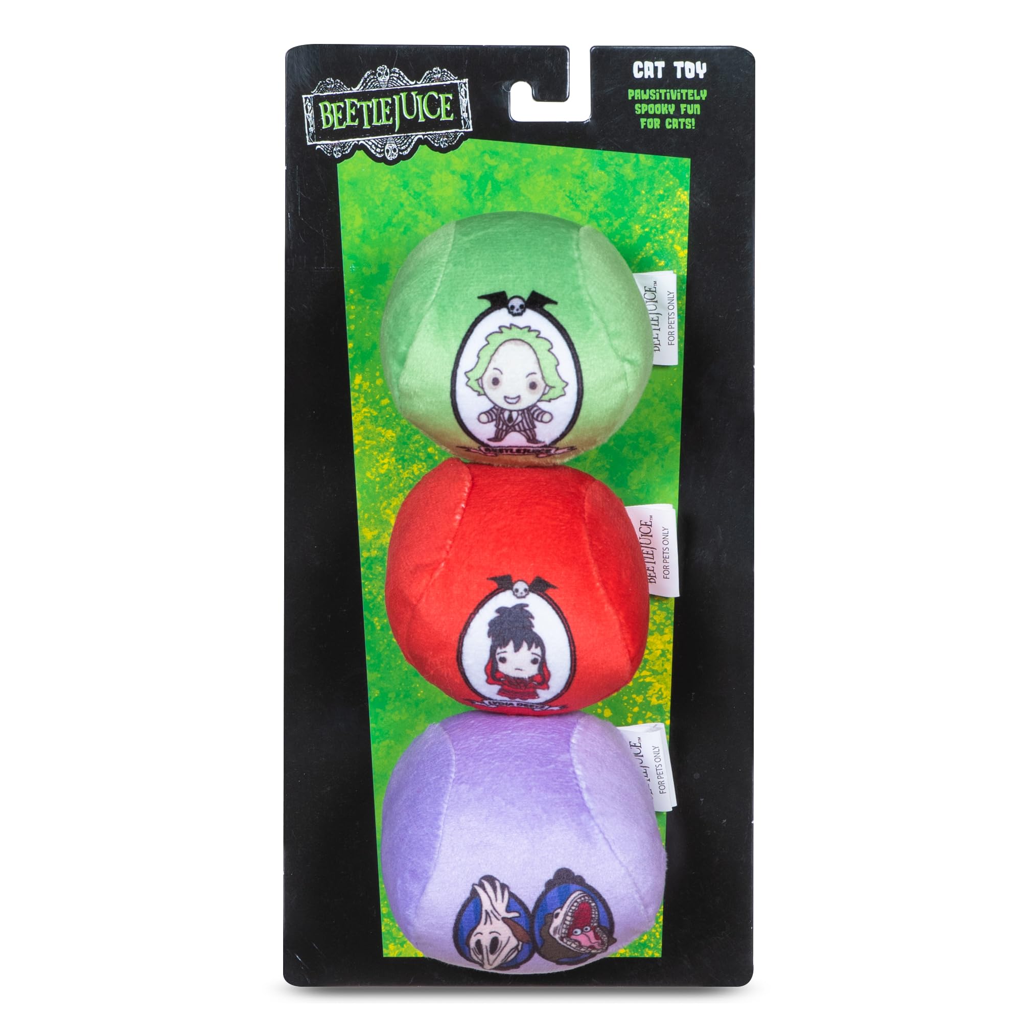 Beetlejuice Catnip Jingle Balls Cat Toy, 3 Pack Featuring Beetlejuice, Lydia, Barbara and Adam