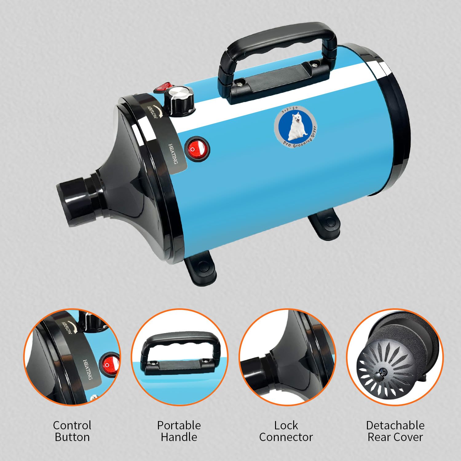 Xapigo Dog Dryer,High Velocity Blow Dryer For Dogs,Speed Temperature Adjustable Dog Blower Grooming Dryer With 4 Nozzles (Blue)