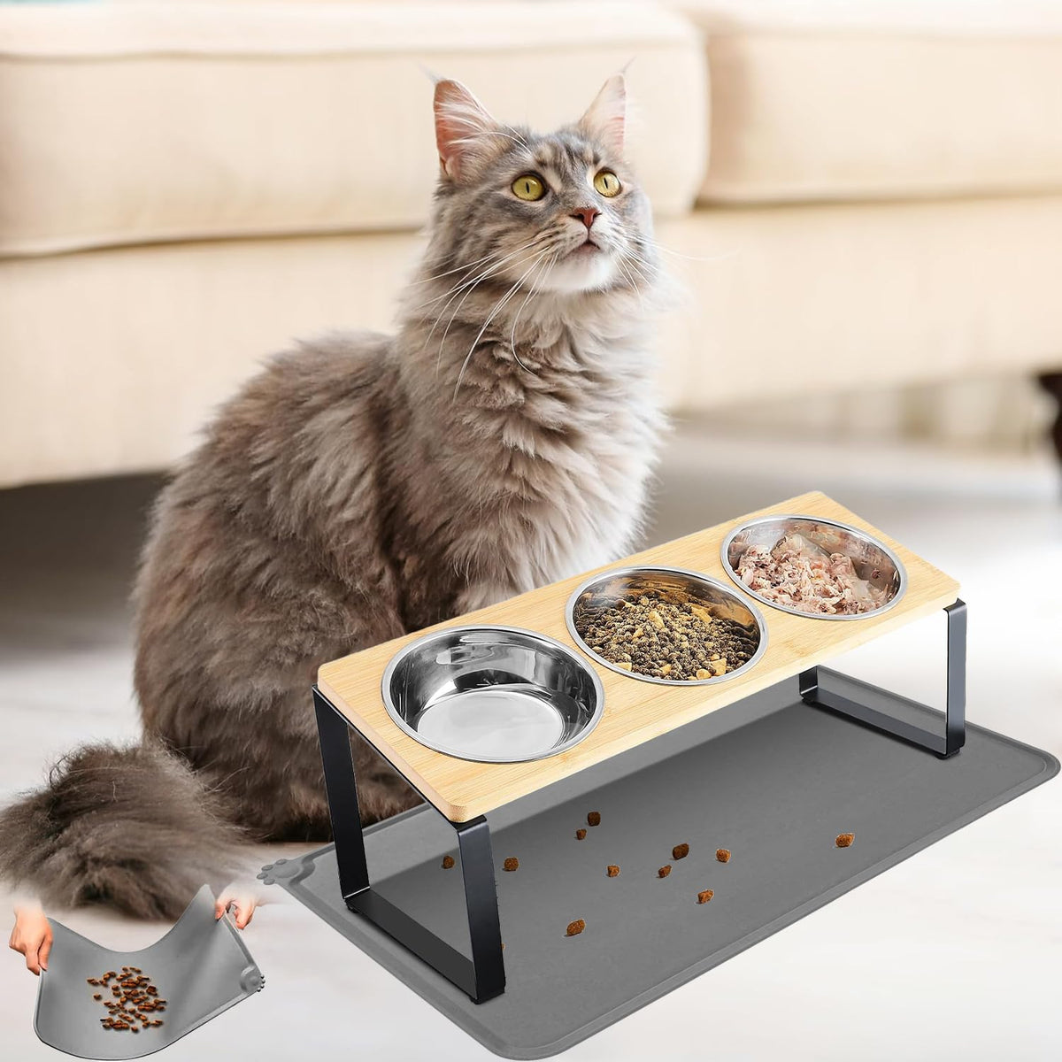 Elevated Cat Bowls With Tilted Stand, 5.5 In Wide Double Dish, Ceramic Pet Feeding Station (With 3 Stainless Steel Bowls&Silicon