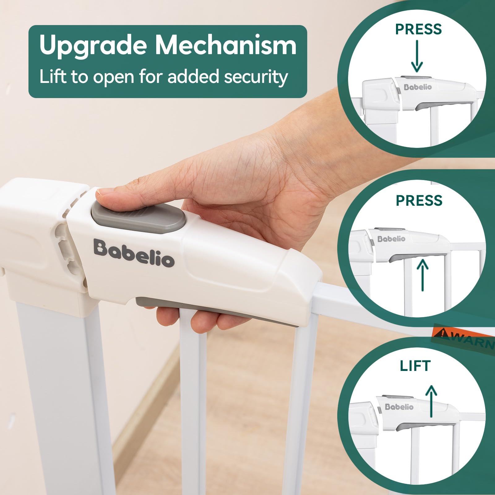 Babelio Metal Baby Gate, 29-43' Auto Close Easy Install Pet Gate, Extra Wide Walk Thru Child Safety Gate, 30' Tall Pressure Mounted Dog Gate For Doorways & Stairs, White