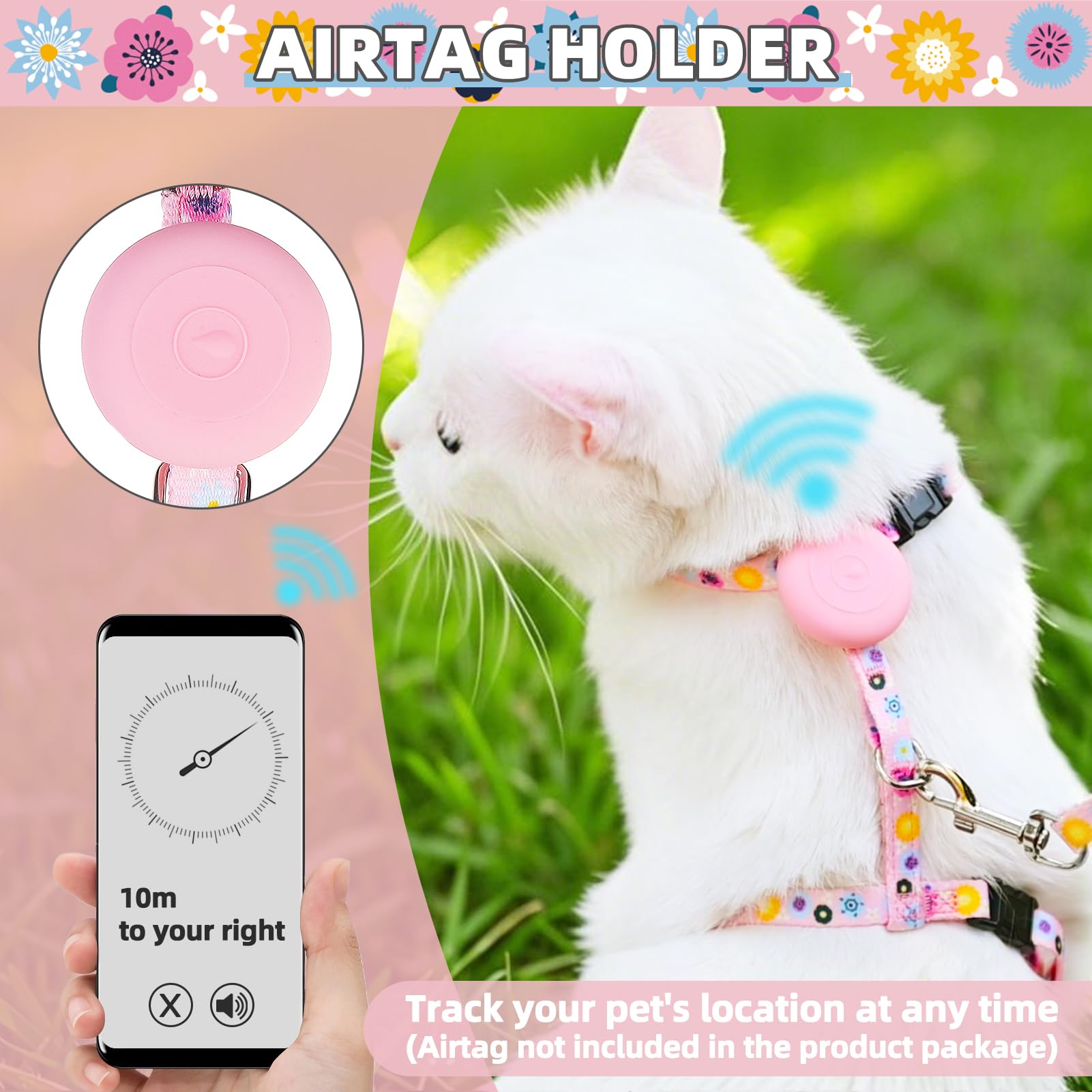 Pupteck Cat Harness And Leash Set Escape Proof, Adjustable Soft Lightweight Kitten Harness With Airtag Holder For Small Medium C