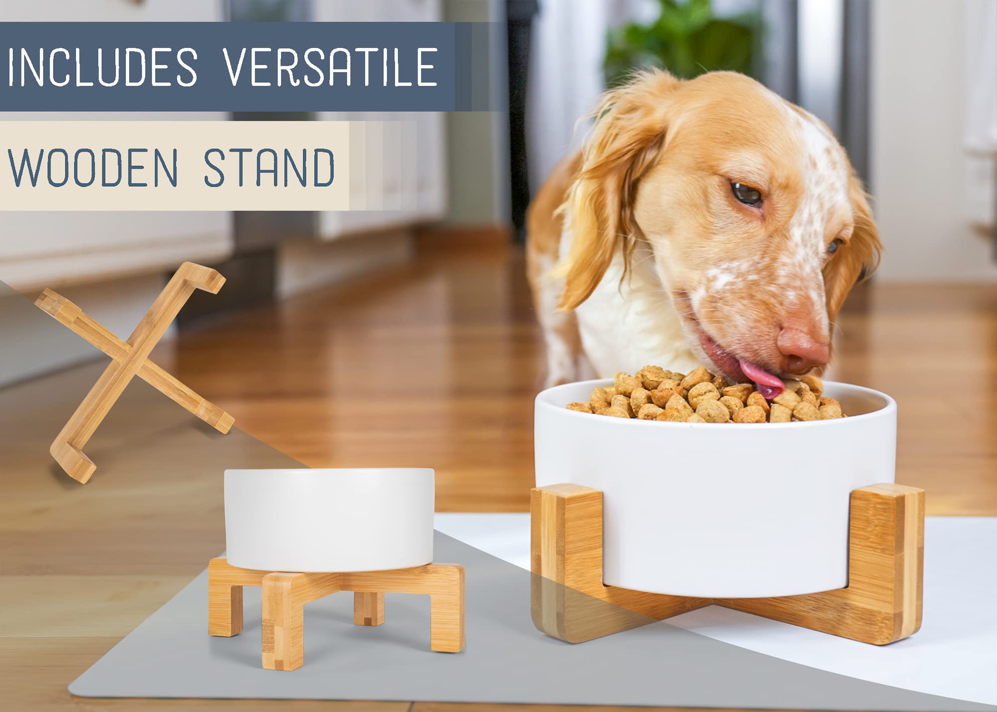 Nat & Jules Small White 6 Inch Stoneware Ceramic And Wood Pet Bowl With Stand