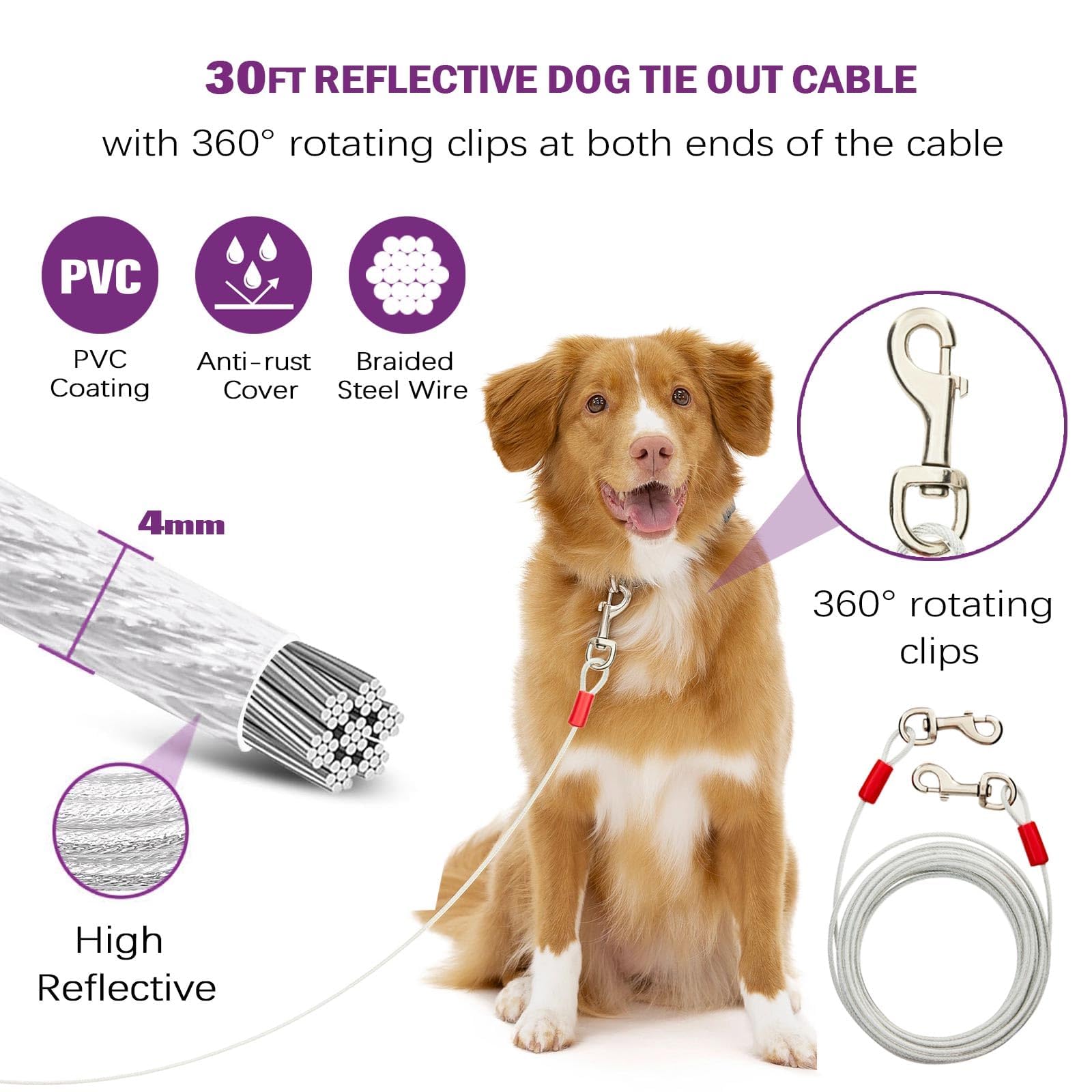 Pestairs 360 Swivel Dog Tie Out Cable and Stake - 30 Ft Dog Yard Leash and Stake Rust Proof for Small Medium Large Dogs - Petfec