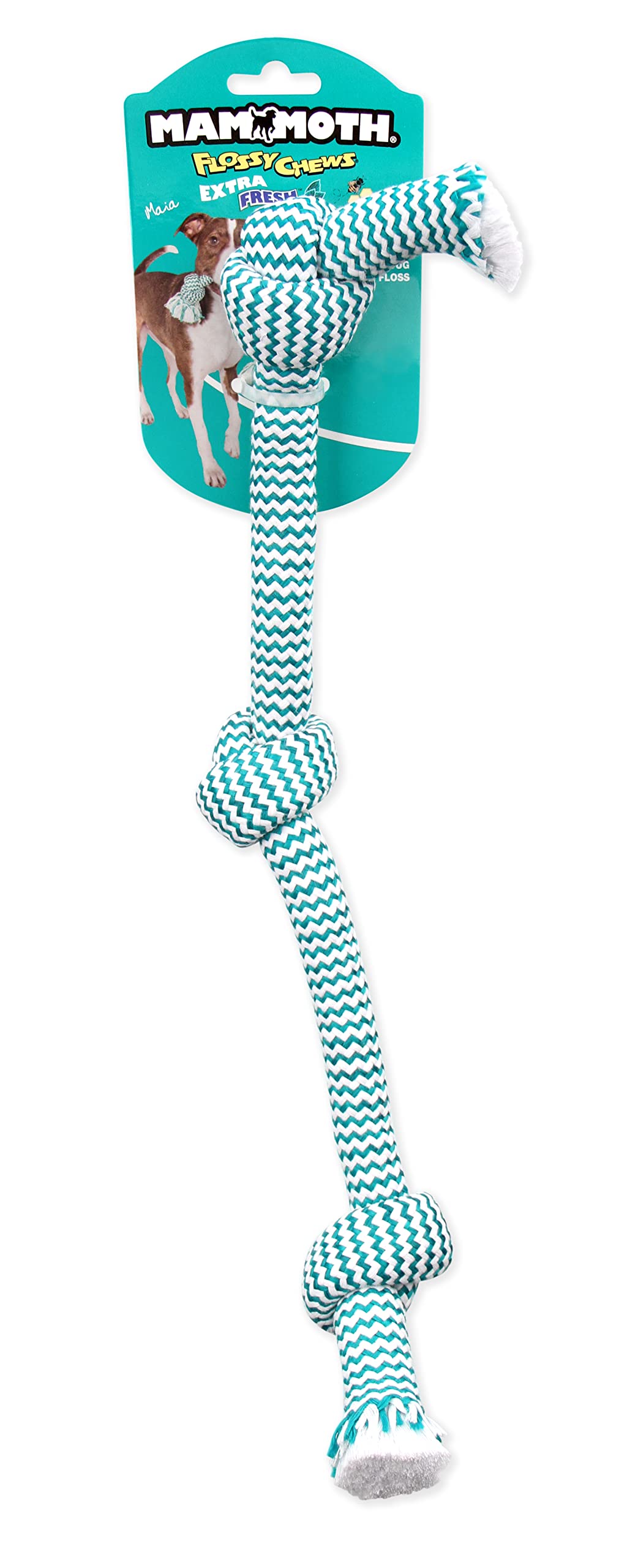 Mammoth Flossy Chews Extra Fresh 3 Knot Tug - Premium Cotton-Poly Yarn With Dental Floss Tug Toy For Dogs - Interactive Dog Rope Toy - Tug Dog Chew Toy For Medium Dogs - Medium, 20”
