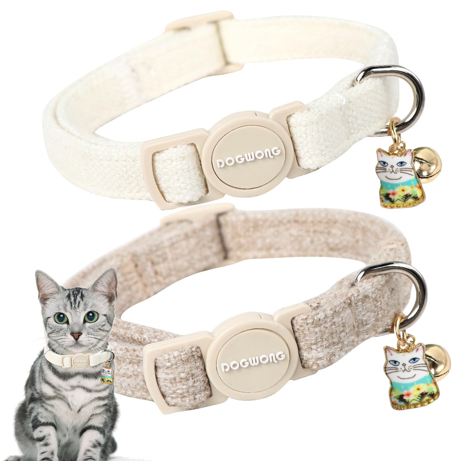 Cat Collar,2 Pack White Hemp Cat Collars Breakaway With Bell, Dogwong Safety Buckle Wedding Cat Collar For Girl Boy Cats And Sma