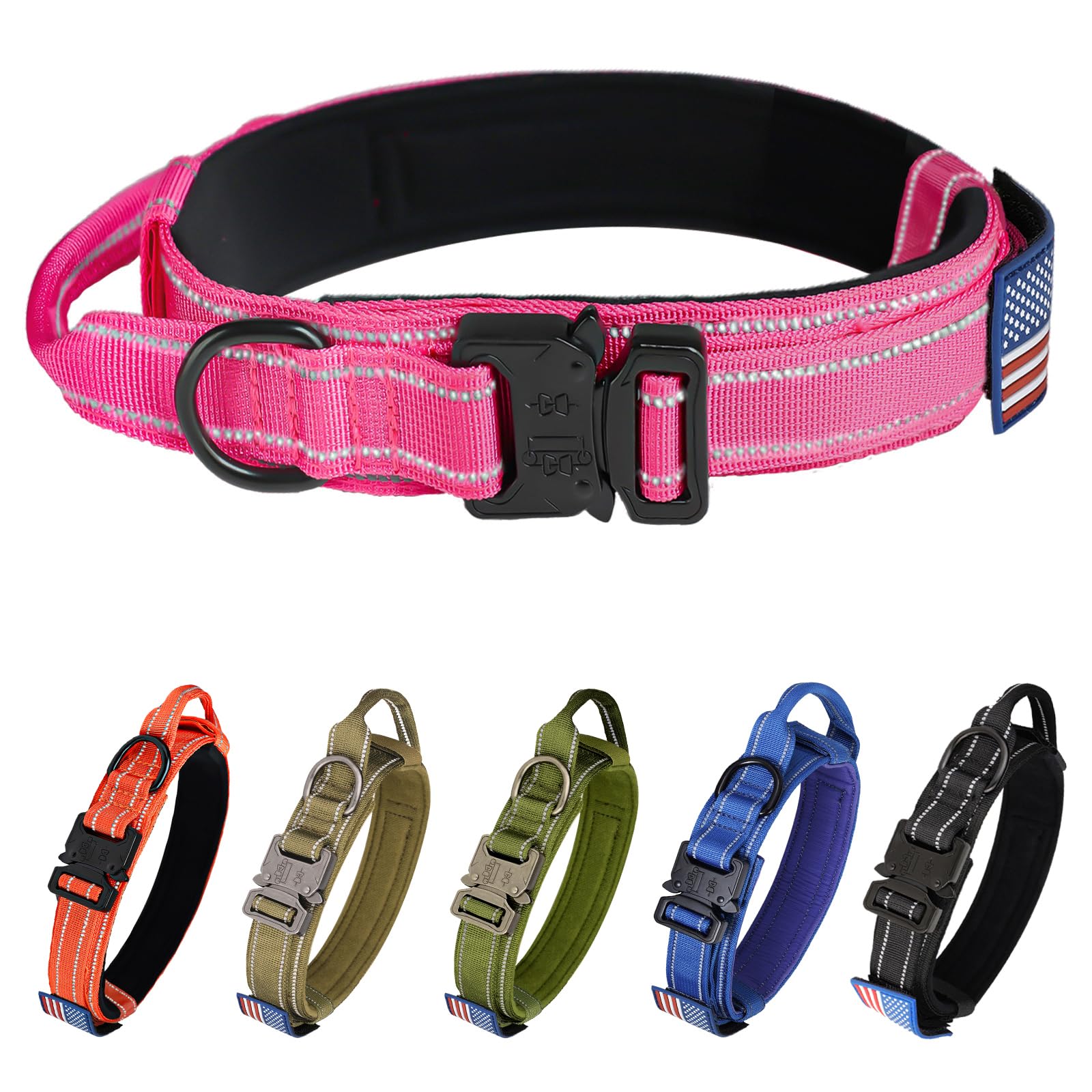Kcucop Tactical Dog Collar For Medium & Large Dogs - Military Nylon Heavy Duty Collar With Handle, Reflective Strip & Metal Buck