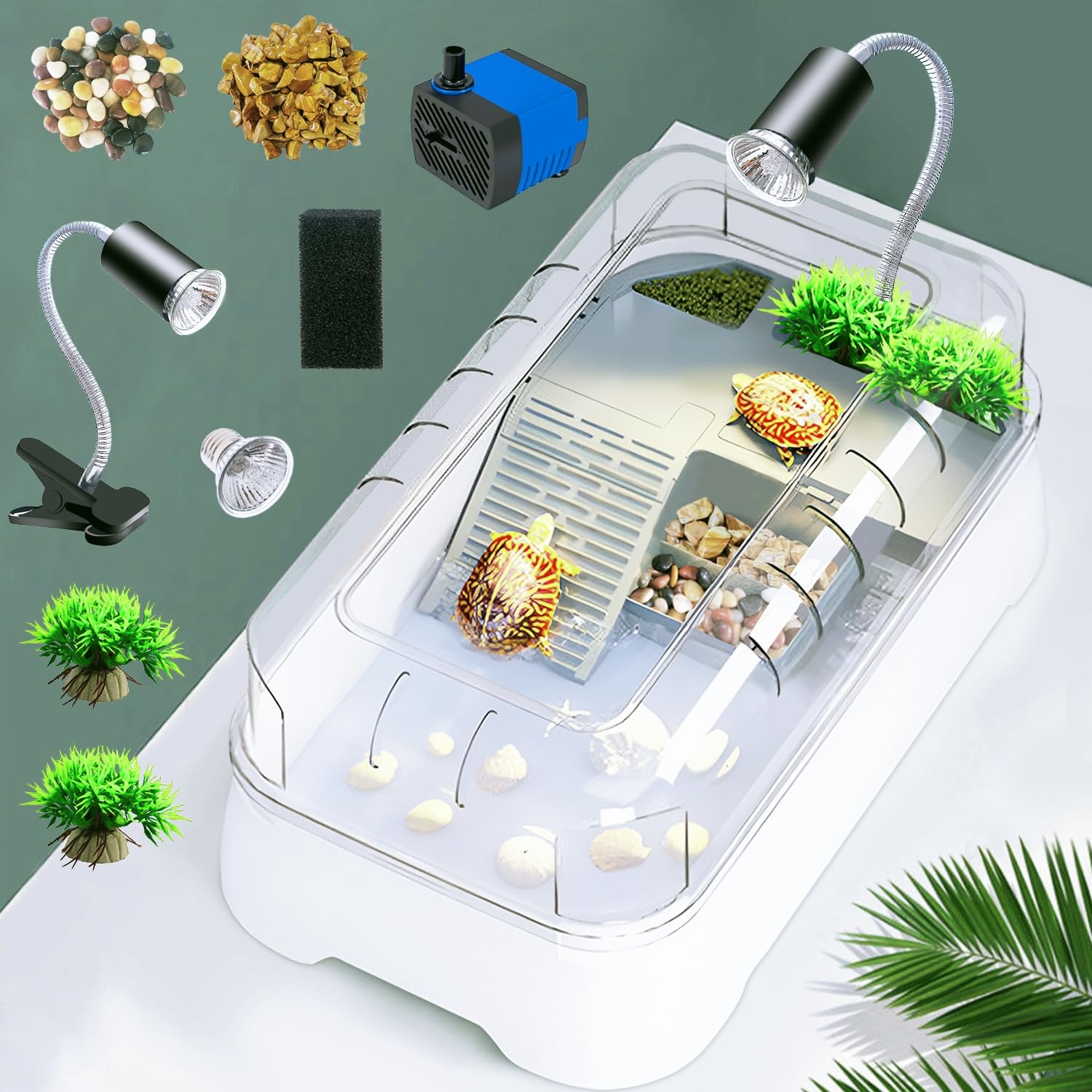 Turtle Aquarium Kit,Turtle Tank Starter Kit With Pump Filter Basking Platform And Uv Light, Bottom Drainage, Multi-Function Area