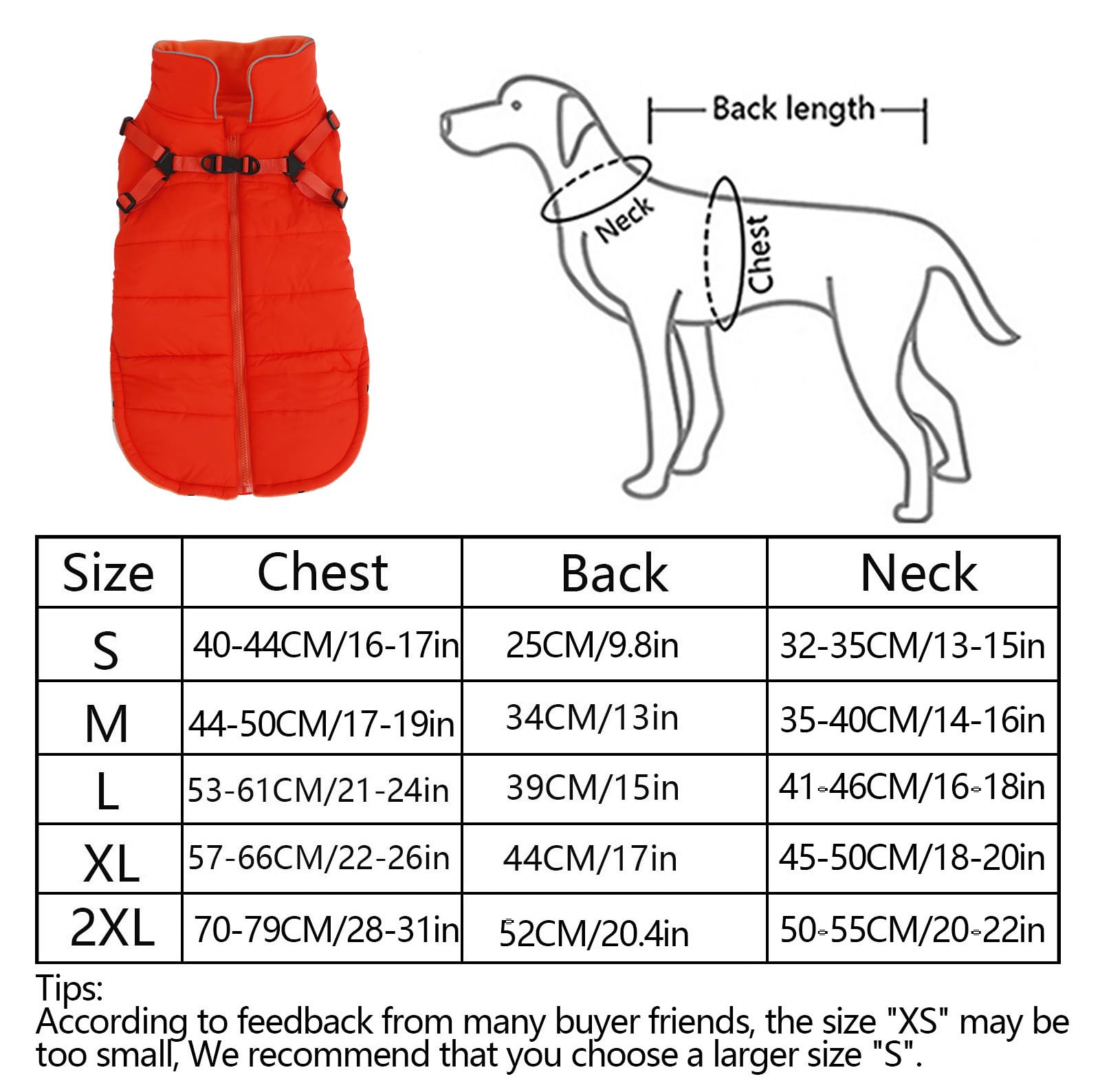 Geyecete Winter Warm Coat Waterproof Dog Winter Jacket With Harness Traction Belt,Windproof Pet Outdoor Jacket Dog Autumn- Can Be Personalized-Orange-S