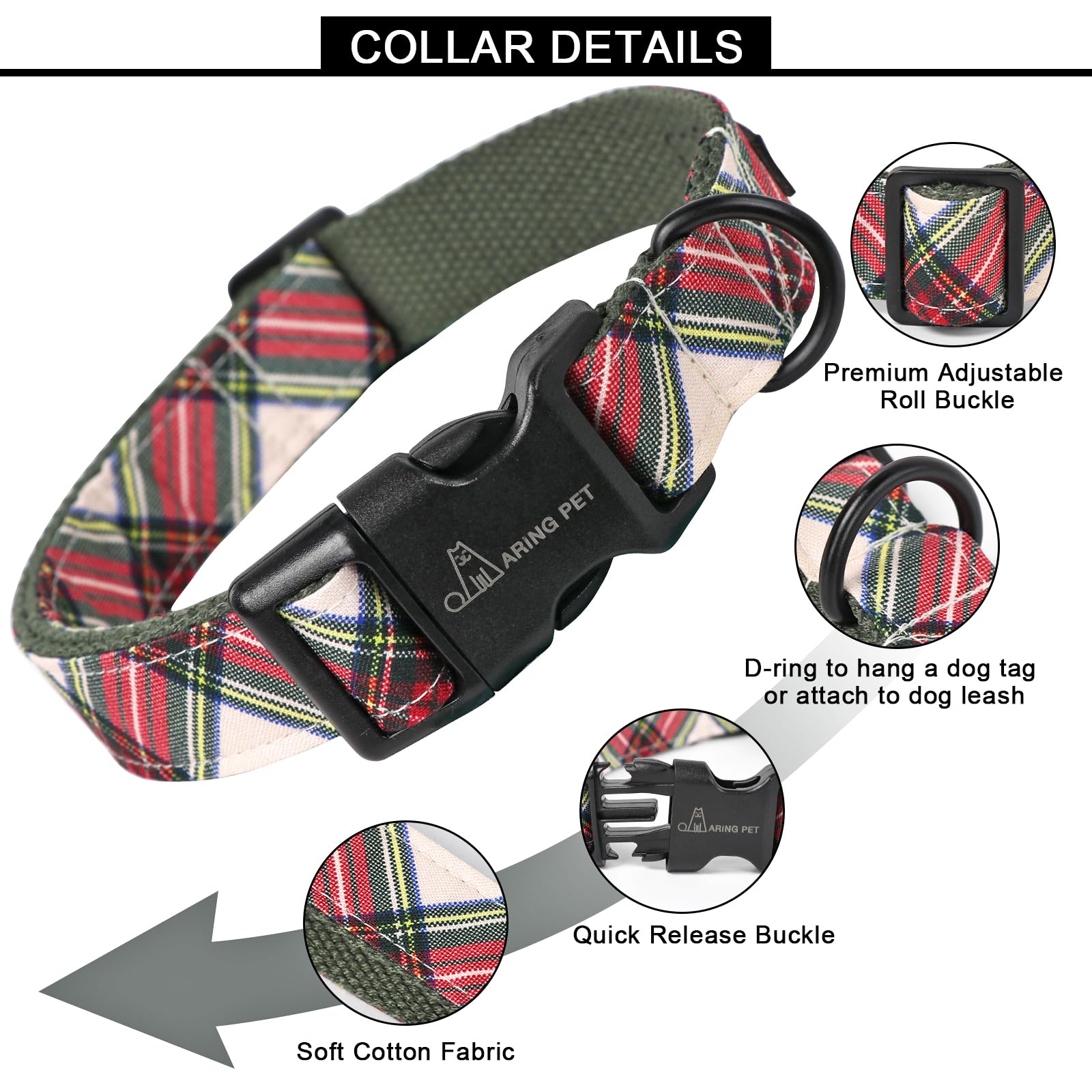 Aring Pet Christmas Dog Collar Cute Plaid Dog Collar, Cotton Lightweight Christmas Small Dog Collars Puppy Collar For Small Medi