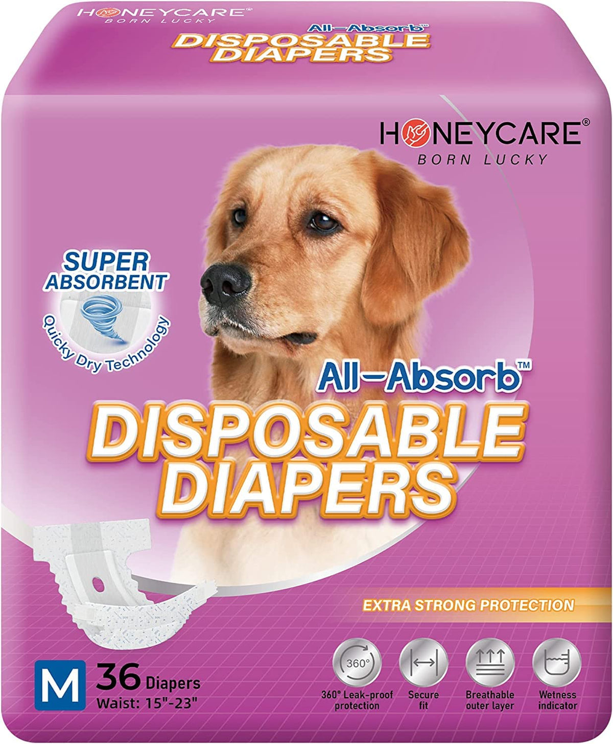 Honey Care All-Absorb Disposable Female Dog Diapers M Size, Improved Bigger Size, 36 Count, Super Absorbent, Breathable, Wetness Indicator (Pack Of 1, 36 Count Total)