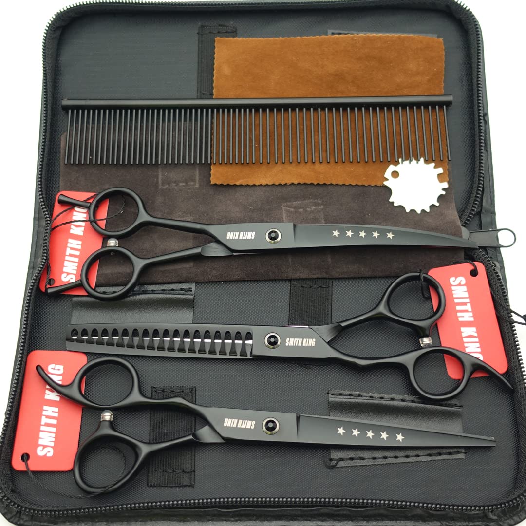 7.0 Inches Professional Dog Grooming Scissors Set Straight & Curved & Chunkers & Comb 4Pcs In 1 Set