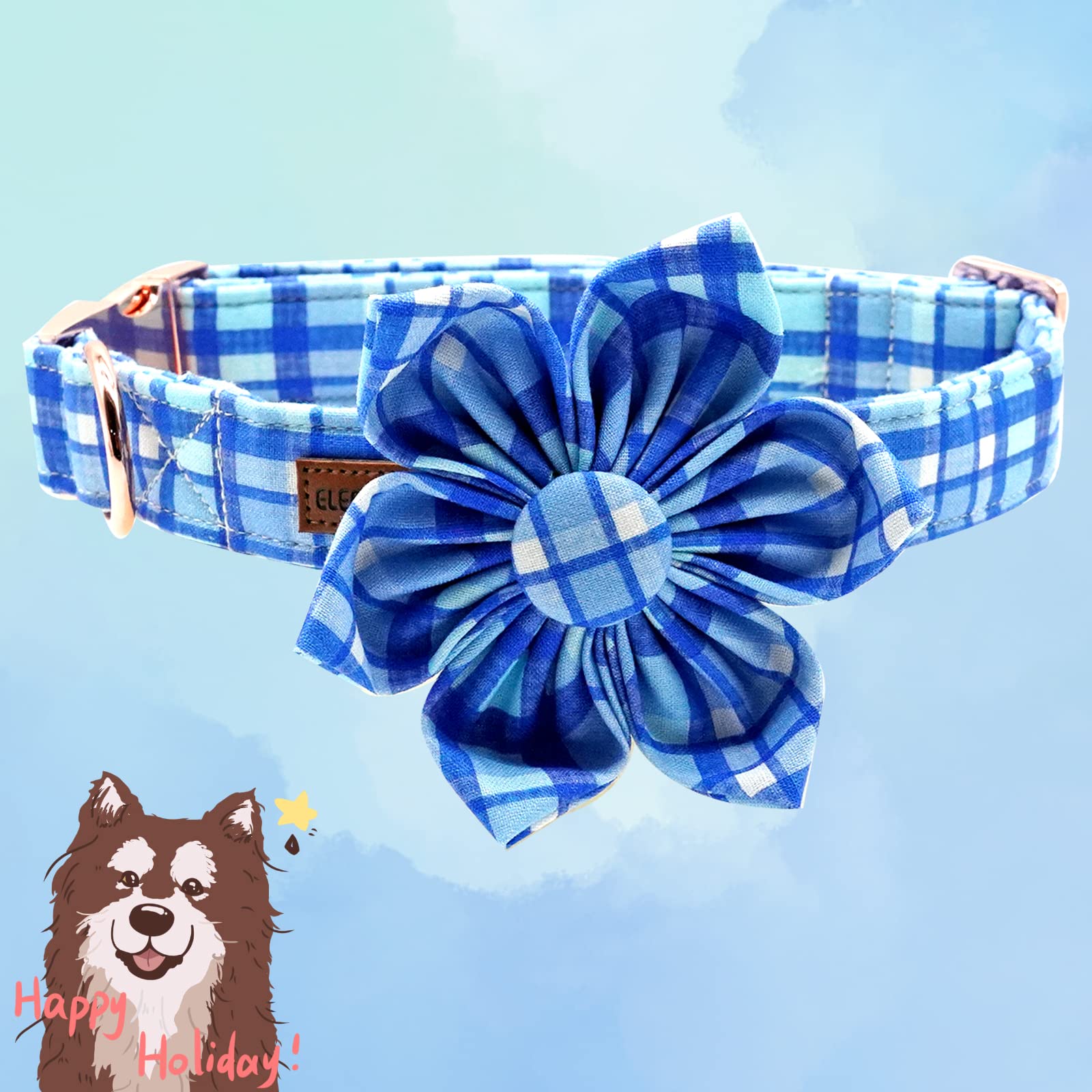 Elegant little tail Dog Collar with Flower - Blue Plaid Dog Collar Cute Flower Collar Adjustable Dog Collar for X-Large Dog