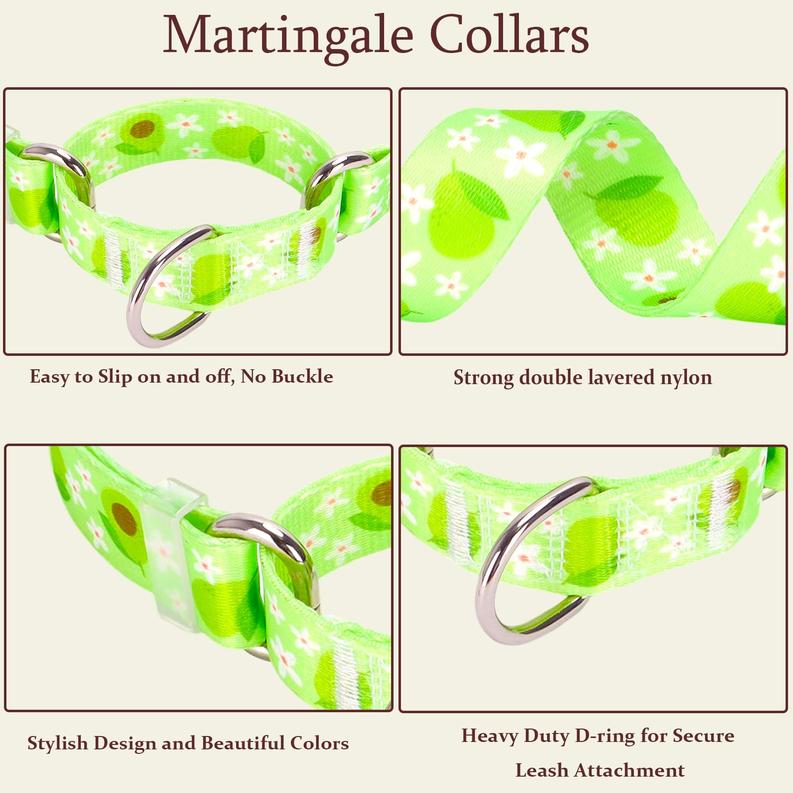 Green Avocado Martingale Dog Collar For Dogs, Premium No Slip Collar, Adjustable Martingale Collar For Small Medium Large Dogs G