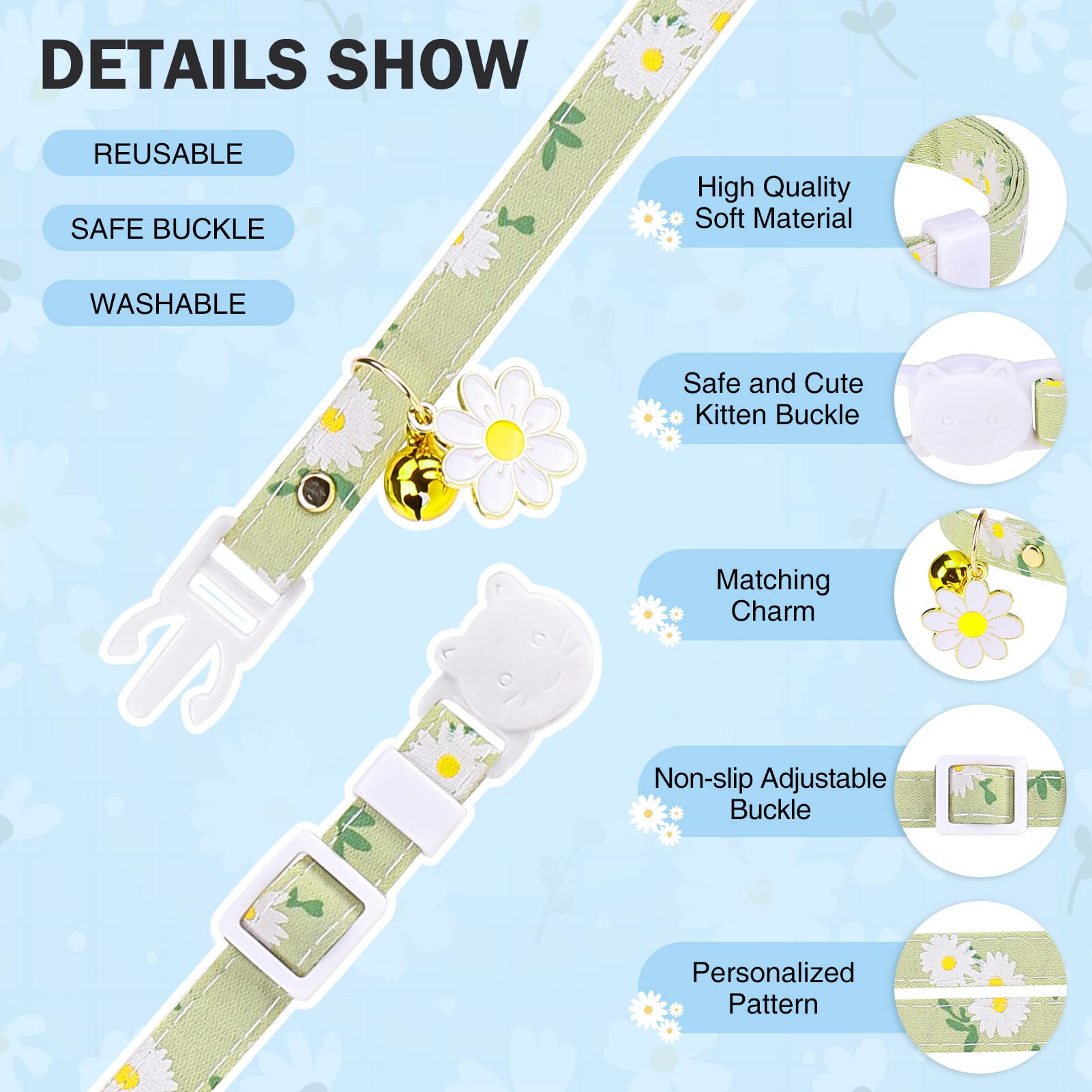 Dillybud 3 Pack Breakaway Cat Collars With Bell- Daisy Pendant Spring Cat Collar For Girl Boy Cats With Safety Buckle- Cute Kitt