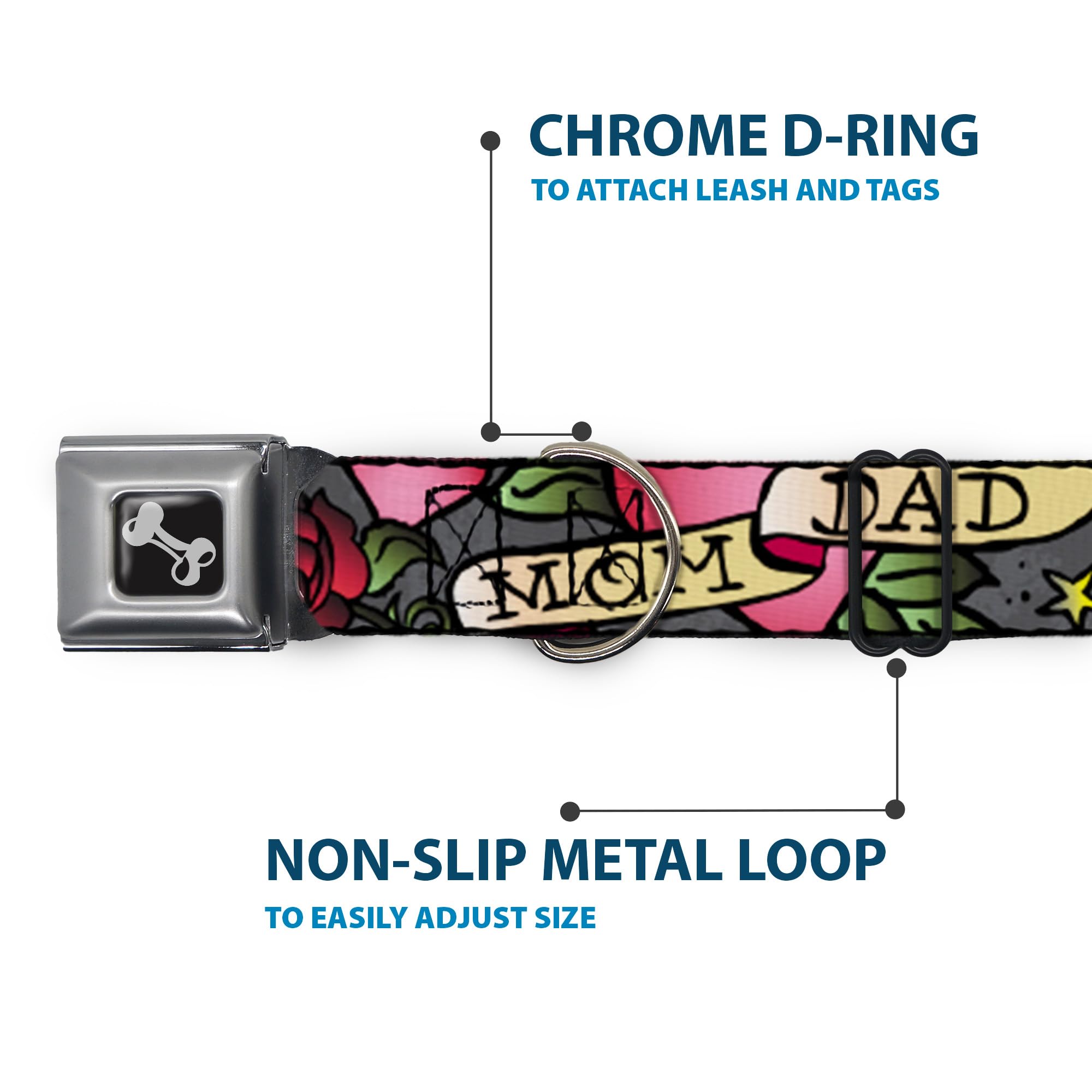 Buckle-Down Dog Collar Seatbelt Buckle Mom Dad Gray, Multicolor, 1' Wide - Fits 11-17' Neck - Medium (Dc-W31316-M)