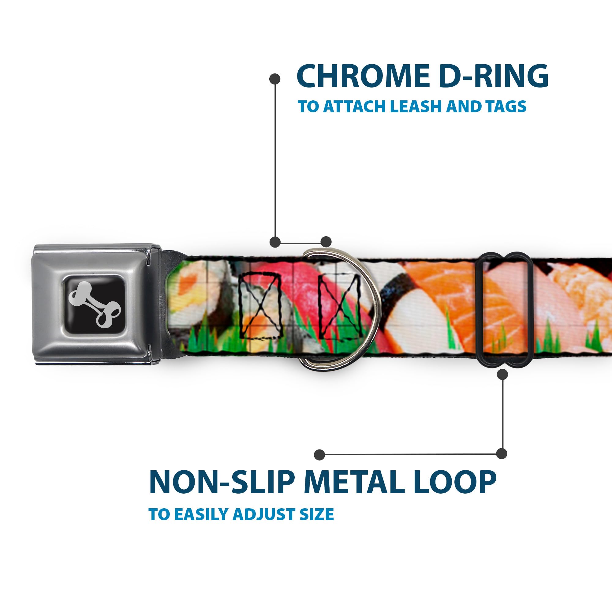 Dog Collar Seatbelt Buckle Sushi Vivid 16 To 23 Inches 1.5 Inch Wide, Multicolor