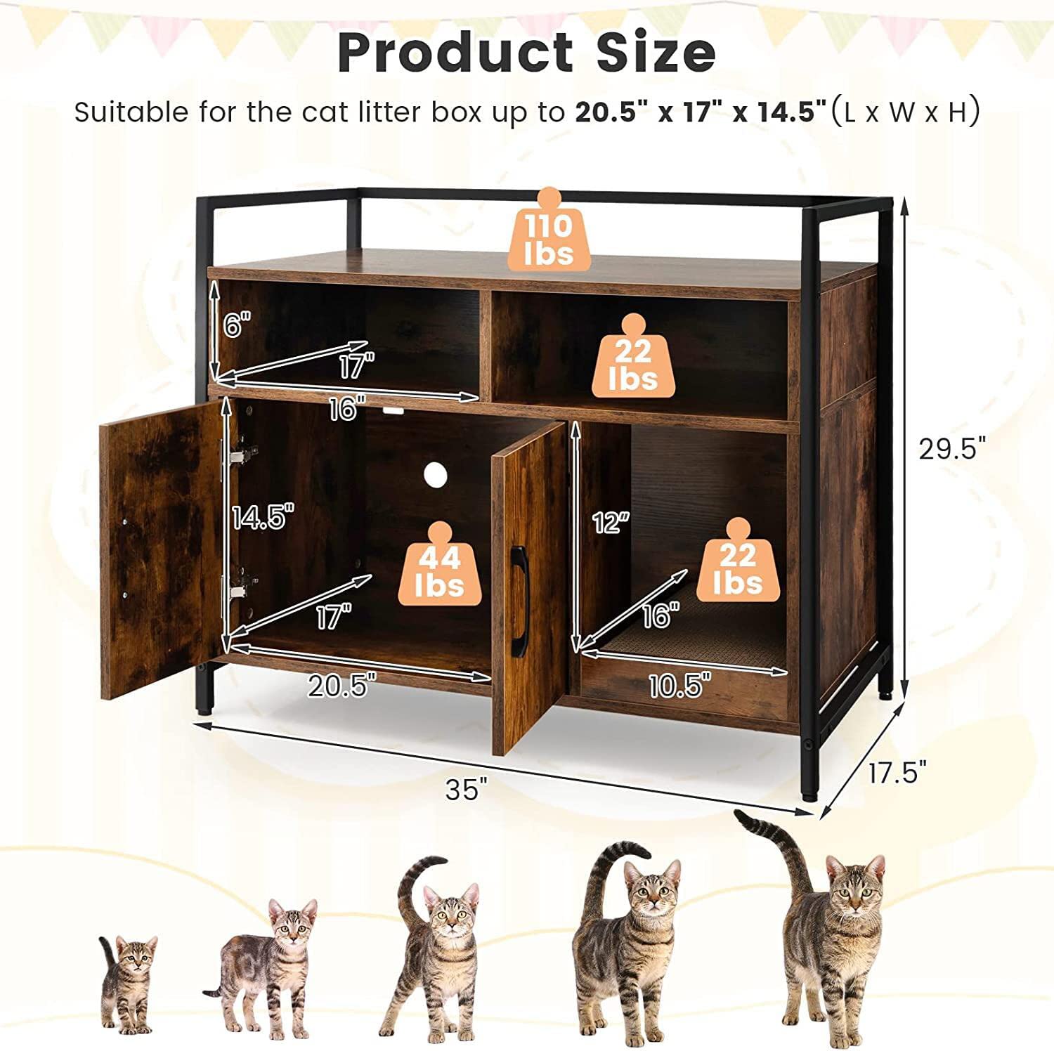 Petsite Cat Litter Box Enclosure, Litter Box Cabinet With Cat Scratcher, 2-Door Storage Cabinet, 2 Open Compartments And Air Vents, Wooden Hidden Litter Box Furniture, Rustic Brown