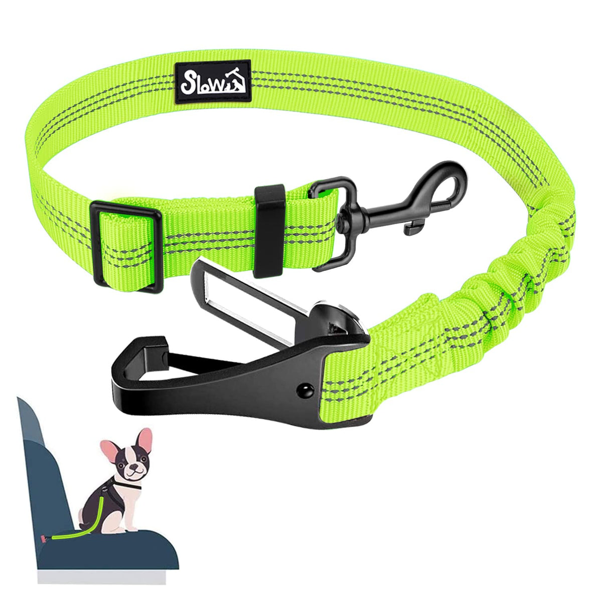 Slowton Dog Seat Belt, Adjustable Dog Safety Belt Leash, 2 In 1 Latch Bar Attachment Dog Car Seatbelt With Elastic Nylon Bungee Buffer, Reflective Nylon Belt Tether Connect To Dog Harness (Lime)