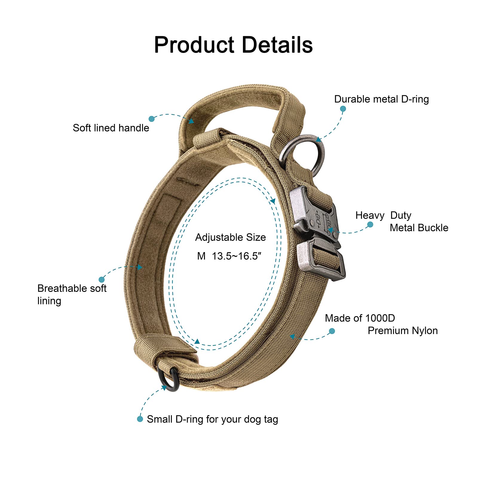 OEBEESA Tactical Dog Collar Adjustable Military Collar: - Nylon K9 Collars with Handle and Heavy Duty Metal Buckle for Medium Do