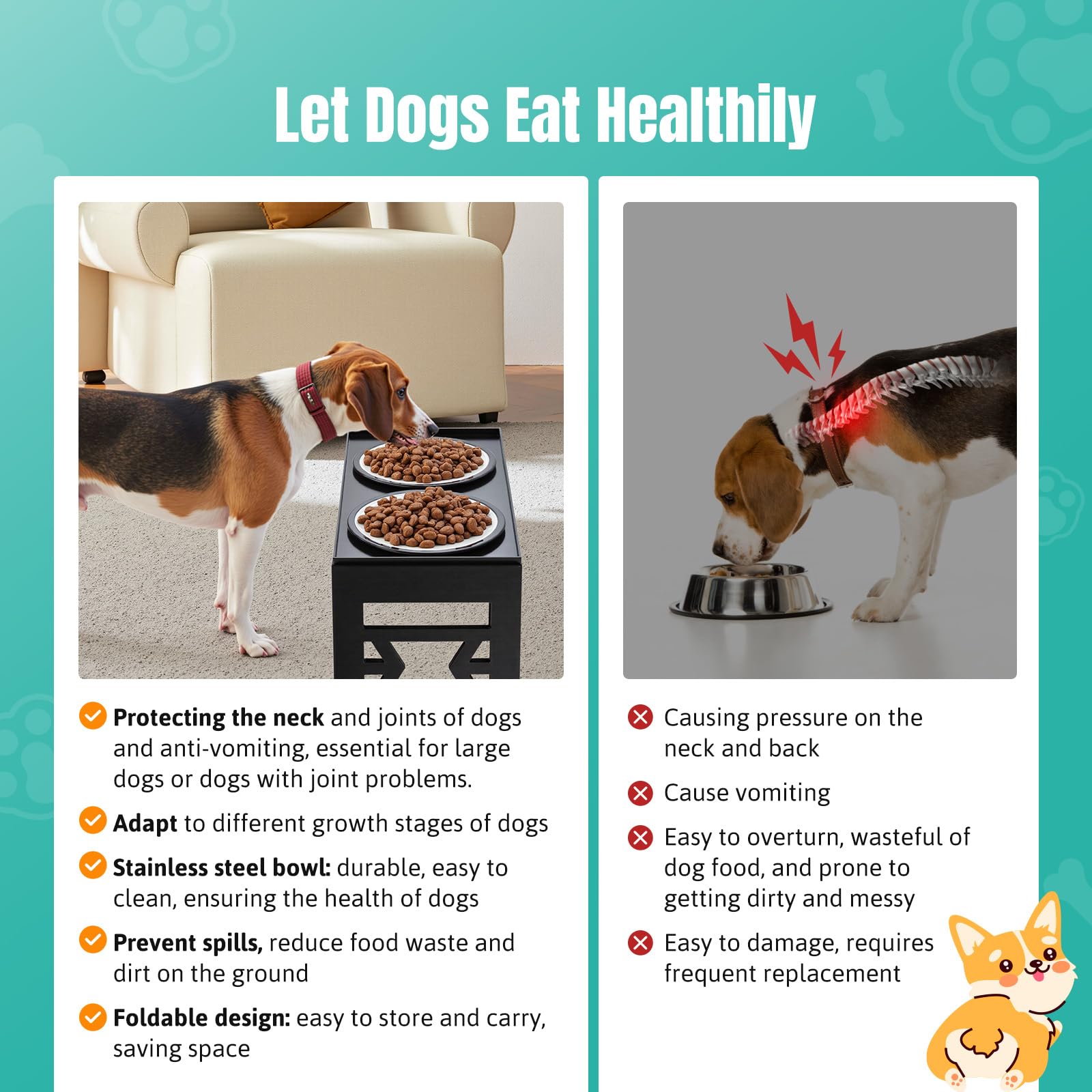 Elevated Dog Bowls Stand Adjustable 5 Heights, 45Cm Foldable Dog Feeding Station With 2 Stainless Steel Bowls, Pet Bowl Elevated