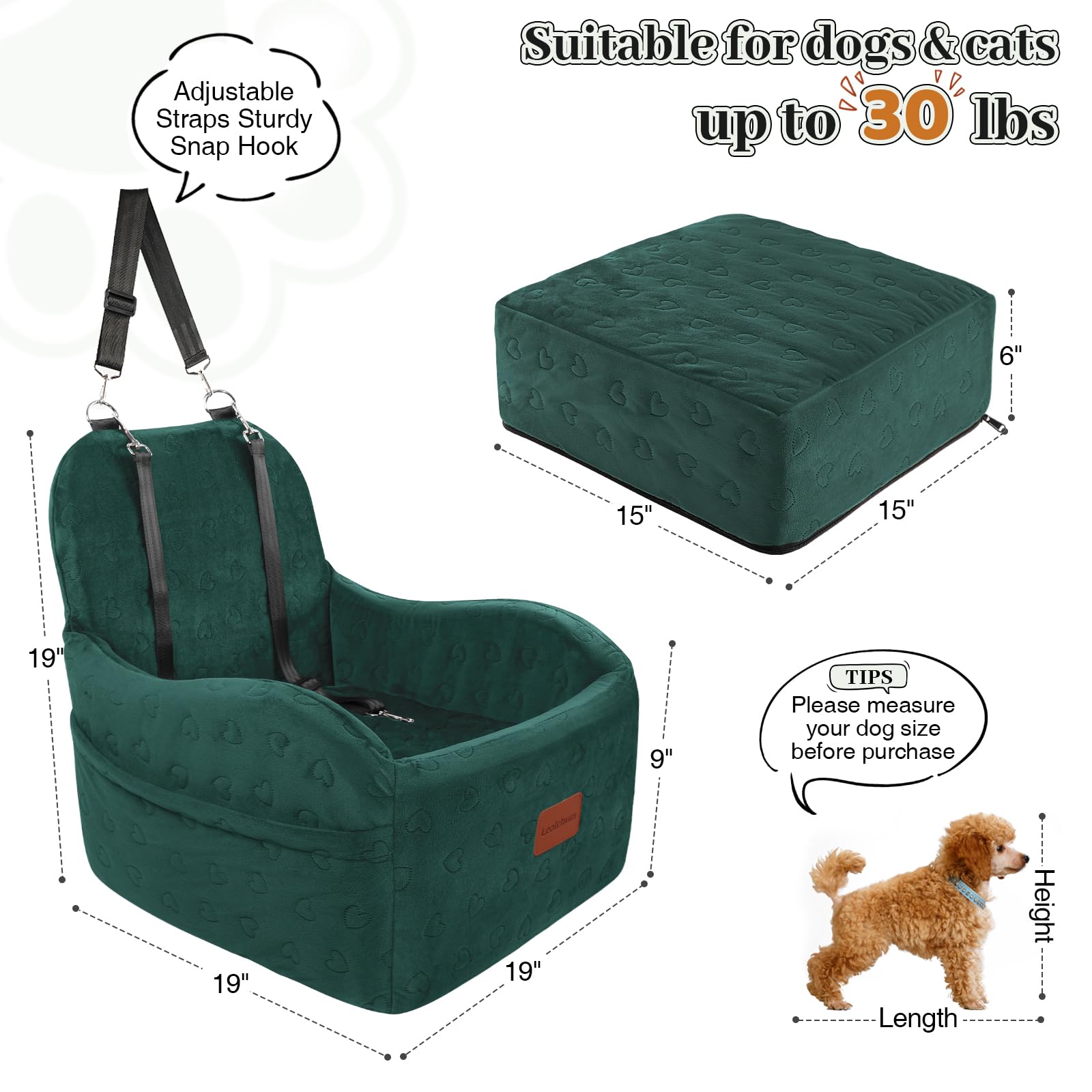 Lealchum Dog Booster Car Seat for Small/Medium Dogs,6in Elevated Cushion,Fully Detachable and Washable,2 Storage Pockets & 3 Str