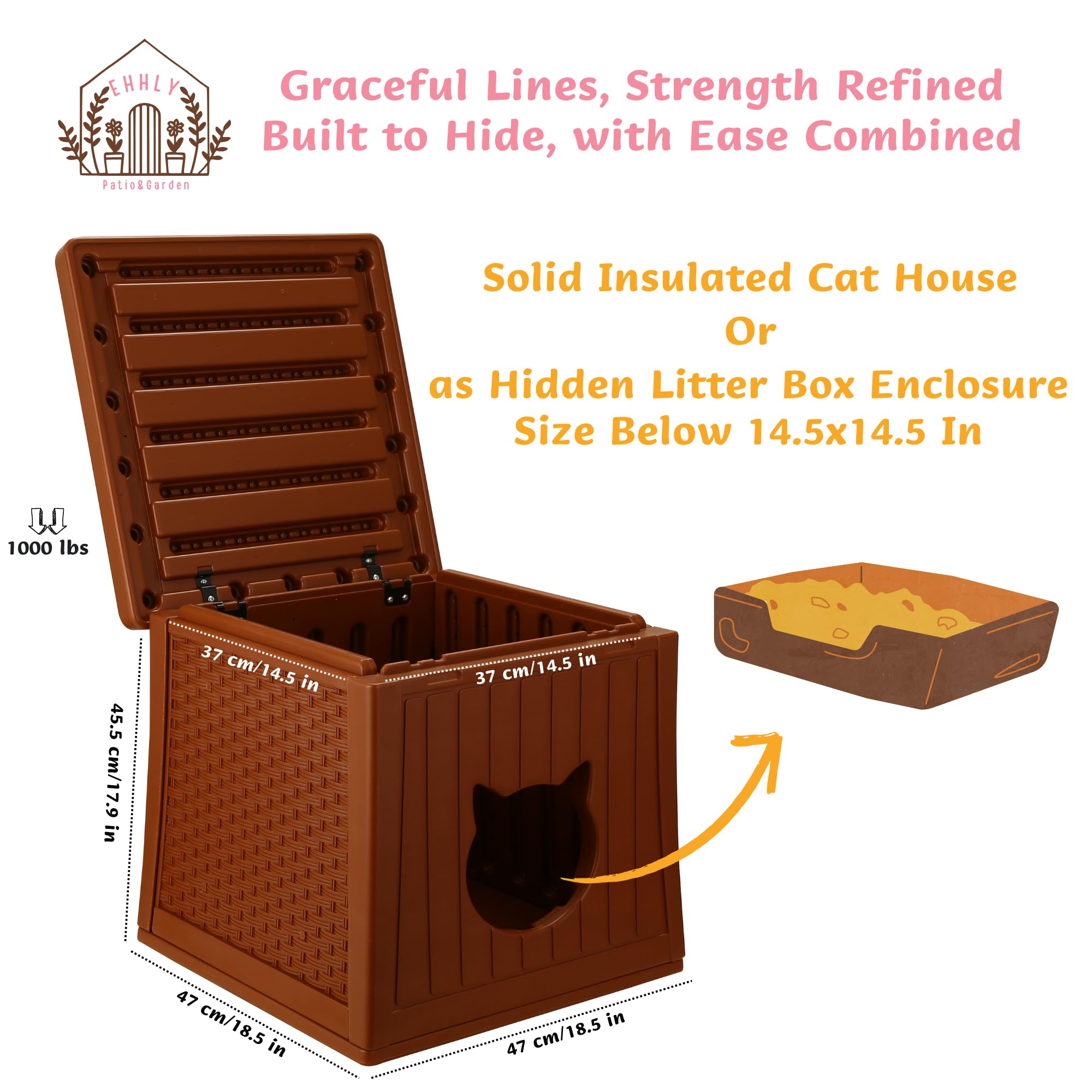 Ehhly Hidden Cat Litter Box Enclosure Furniture, Insulated Cat House Outdoor With Flip Lid For Easy Cleaning, Winter Feral Cat S