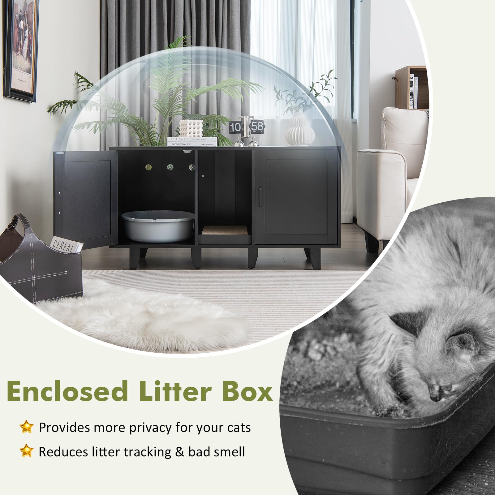 Tangkula Double Cat Litter Box Enclosure For 2 Cats, Large Stackable Hidden Privacy Cat Washroom Cabinet With Scratching Board, Indoor Cat House Tv Stand Side Table, Litter Box Furniture (Black)