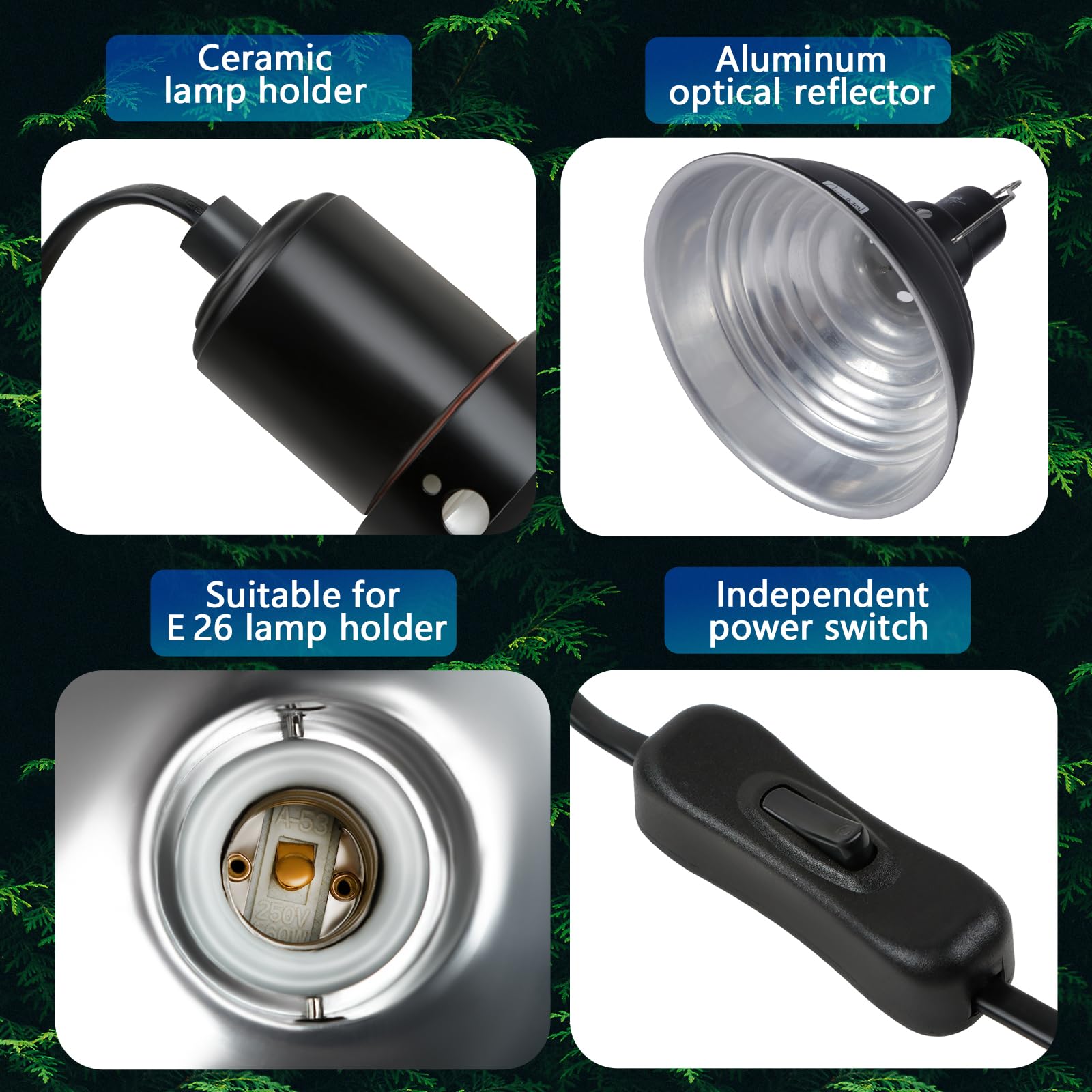 Repti Home 8.5 Inch Reptile Light Fixture Dome Heat Lamp Fixture Uvb Heat Basking Lamp Fixture For Amphibian Reptile Terrariums